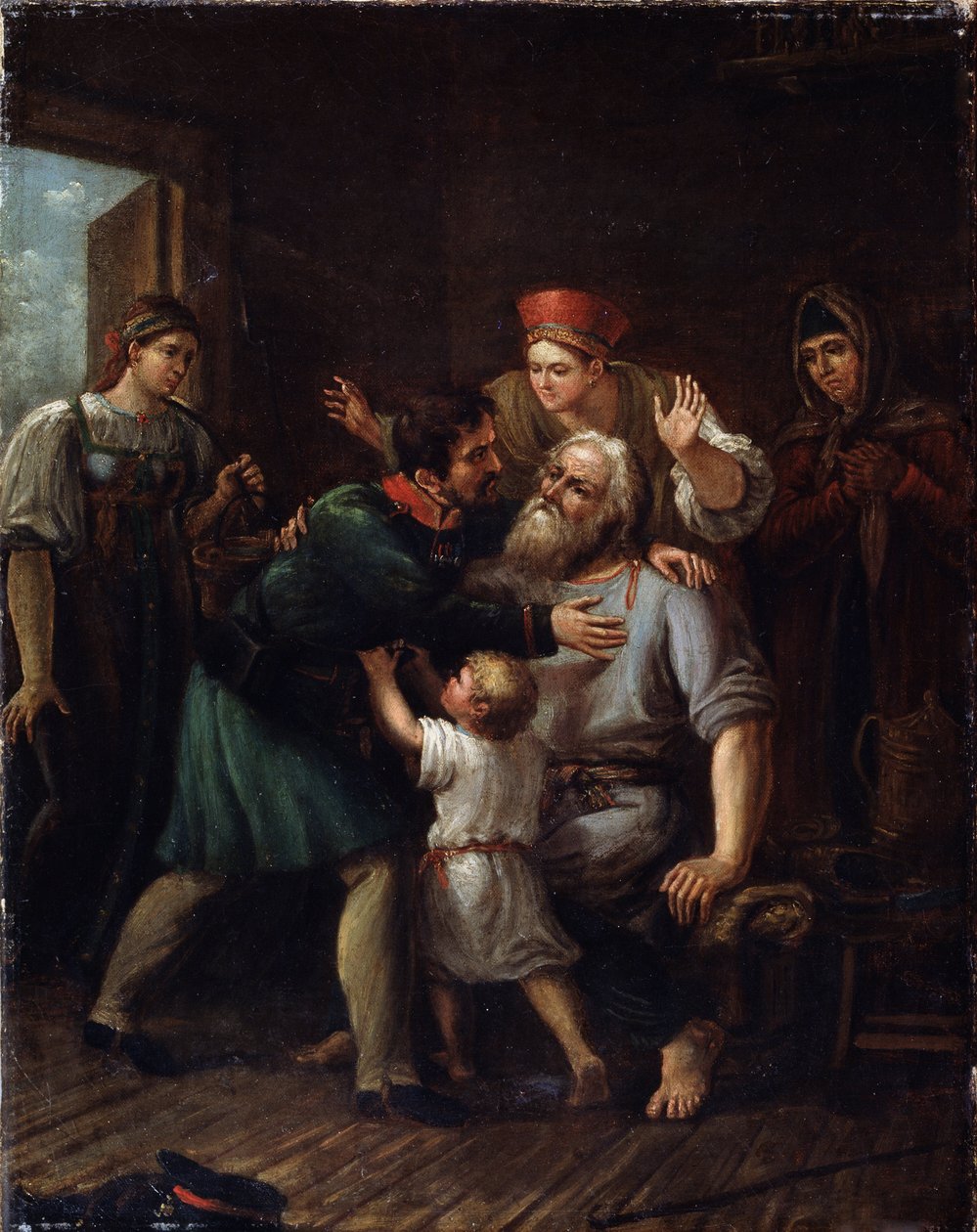 Návrat válečníka (Homecoming Warrior). Voják se vrací domů a vrhá se do náruče svého starého otce. Celá rodina vyjadřuje radost a úlevu, že ho vidí živého. Obraz Ivana Vasiljeviče Luchaninova (1781-1824), olej na t. j od Ivan Vasilyevich Luchaninov