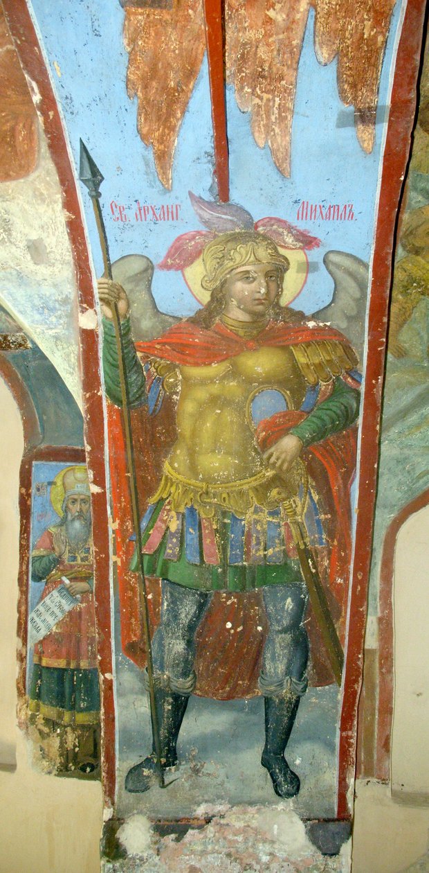 Archanděl Saint Michael - Freska od Ivana Jakovleviče Bakhmatova (aktivní počátek 18. století), freska v katedrále Panny Marie Znamení v Novgorodu (Rusko) - (Svatý Michael Archanděl, Freska od Ivana Jakovleviče Bakhmatova, v katedrále Naše Dáma od Ivan Yakovlevich Bakhmatov