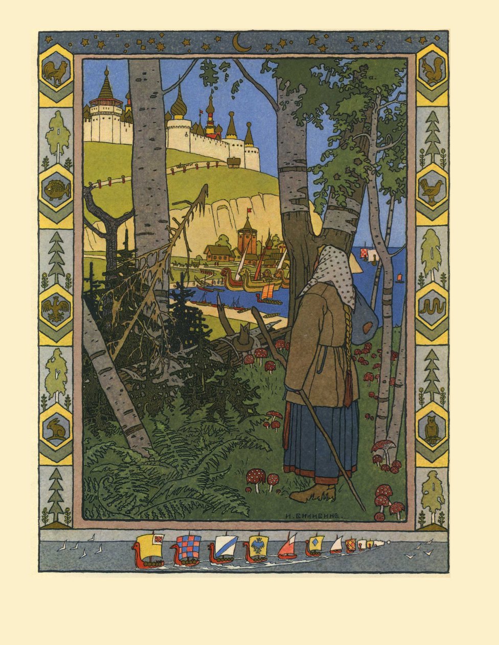 Ilustrace k pohádce The Feather of Finist the Falcon, 1901-1902 od Ivan Yakovlevich Bilibin