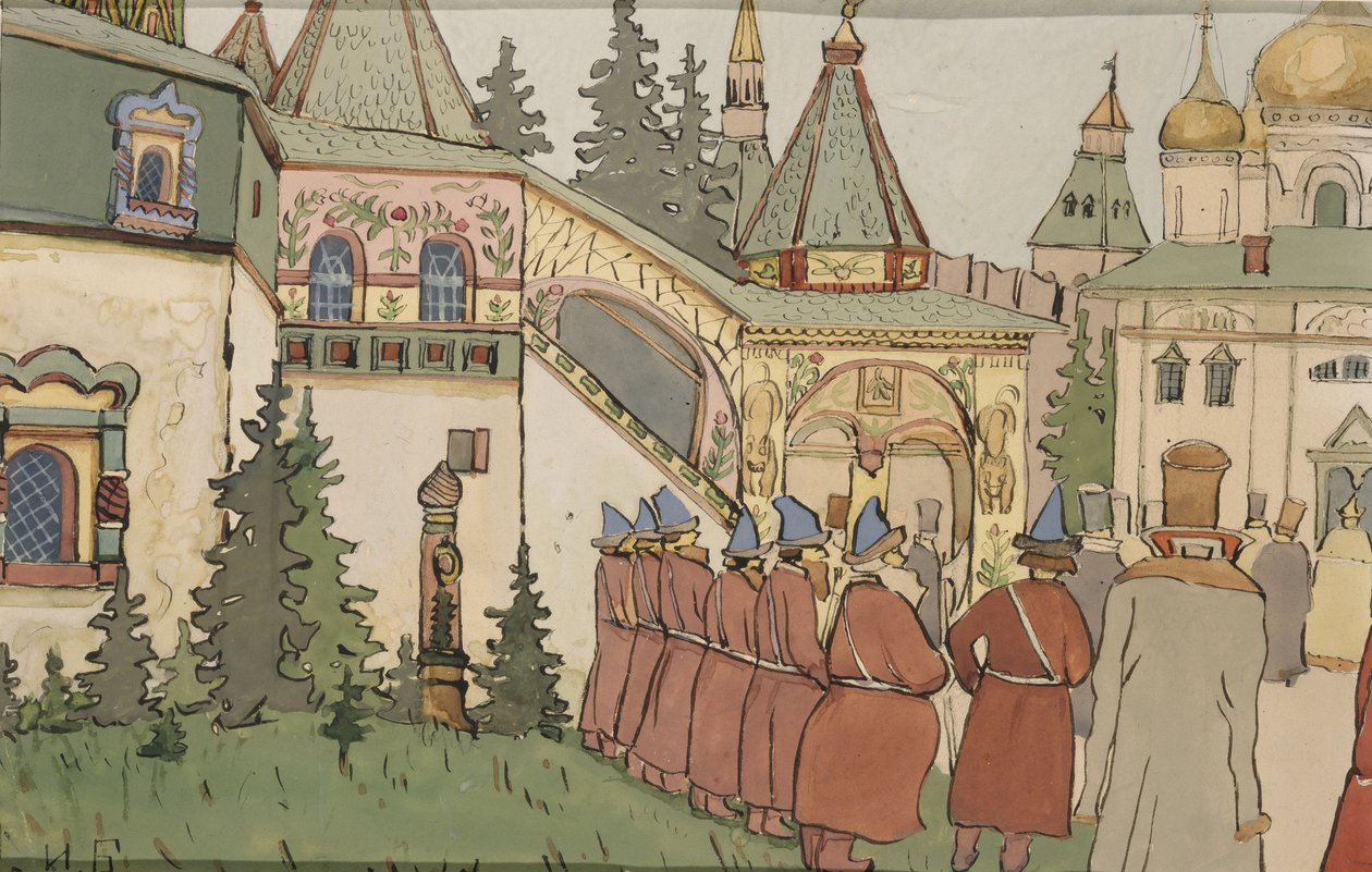Ilustrace k pohádce The Feather of Finist the Falcon, počátek 20. století od Ivan Yakovlevich Bilibin