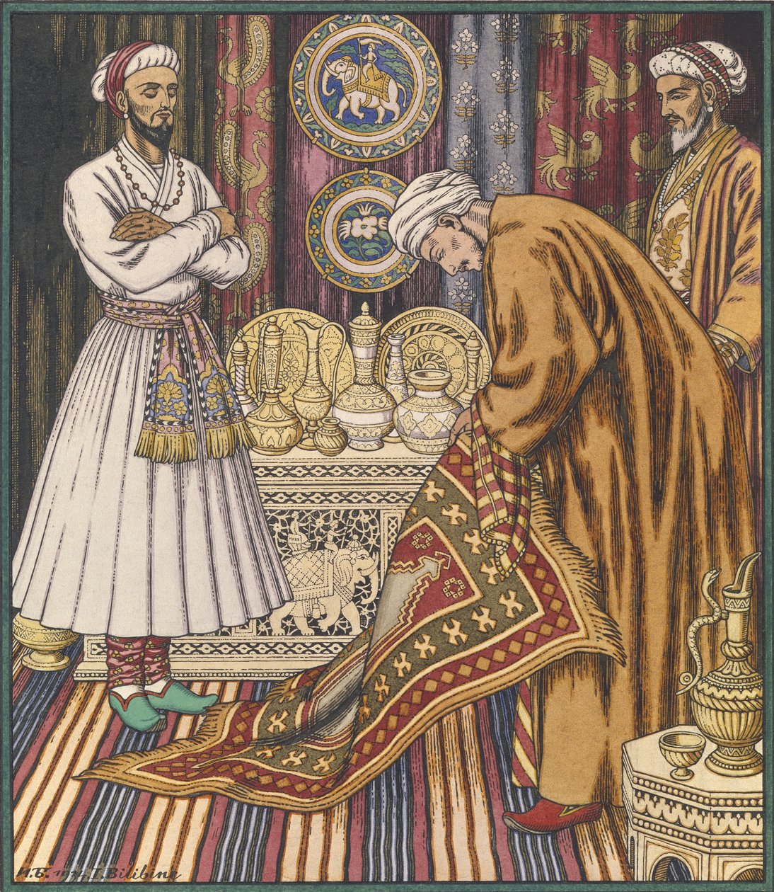 Princ Ali kupuje koberec. Ilustrace pro Arabské pohádky od Ivan Yakovlevich Bilibin