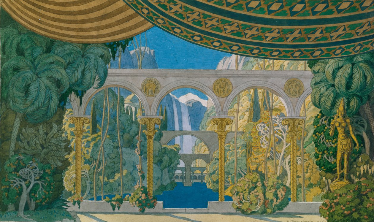 Zahrady Černomoru. Scénický návrh k opeře Ruslan a Ludmila M. Glinky, 1913 od Ivan Yakovlevich Bilibin