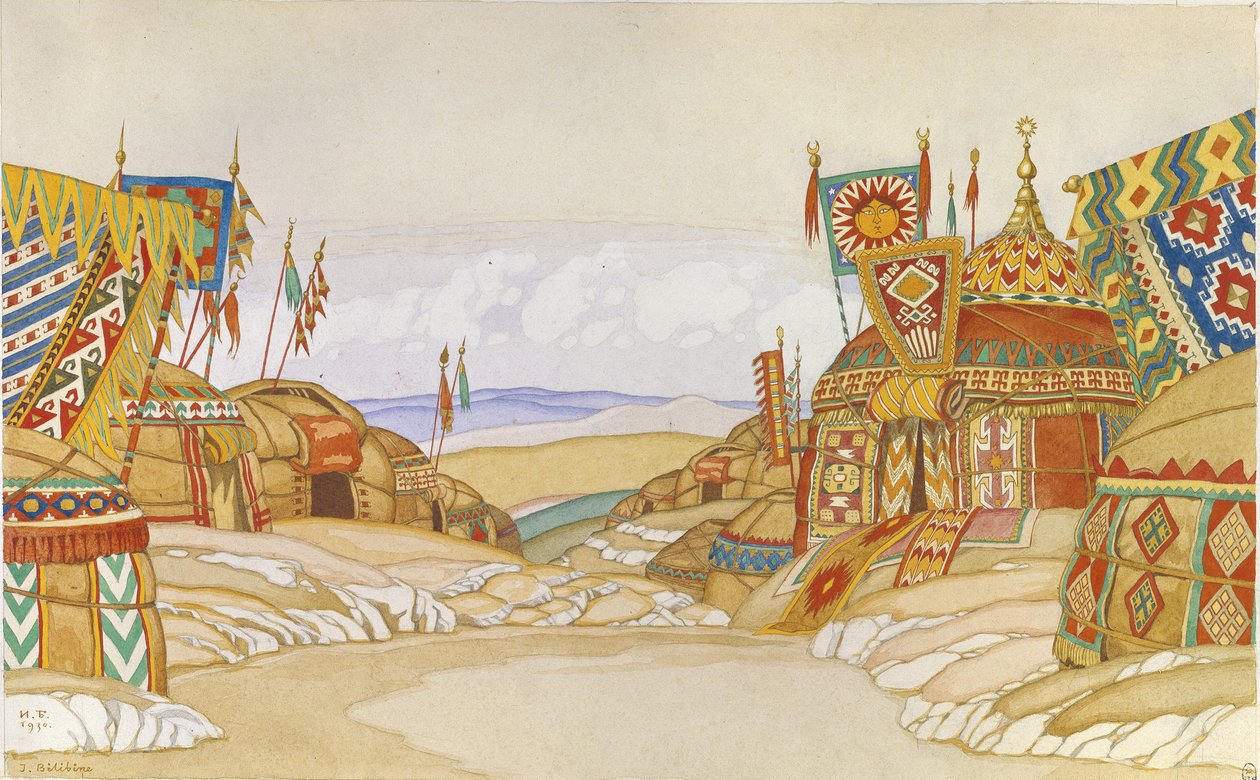 Polovecký tábor. Scénický návrh k opeře Kníže Igor od A. Borodina, 1930 od Ivan Yakovlevich Bilibin