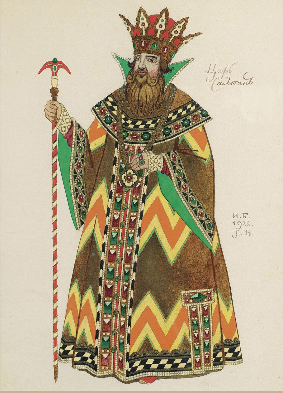 Car Saltan. Kostýmní návrh opery Příběh cara Saltana N. Rimského-Korsakova, 1928 od Ivan Yakovlevich Bilibin