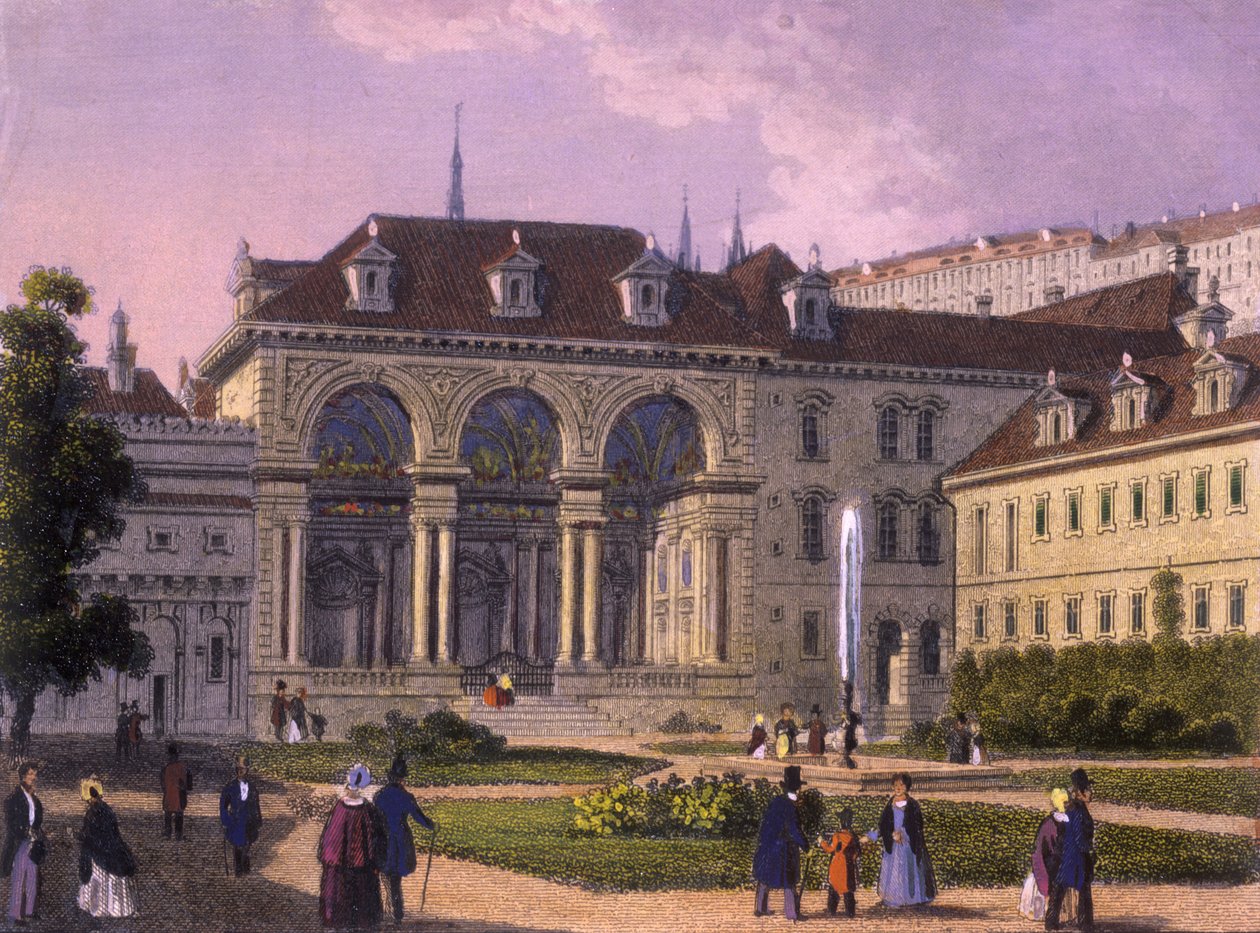 Valdštejnská zahrada, Praha, 1847 (kolorovaná ocelorytina) od J. and Felsing, J. Koruna