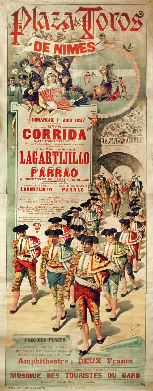 Plakát propagující býčí zápasy na Plaza de Toros, Nimes, 1. srpna 1897, vyryl J. Ortega od J. and Pastor, E. Estellor
