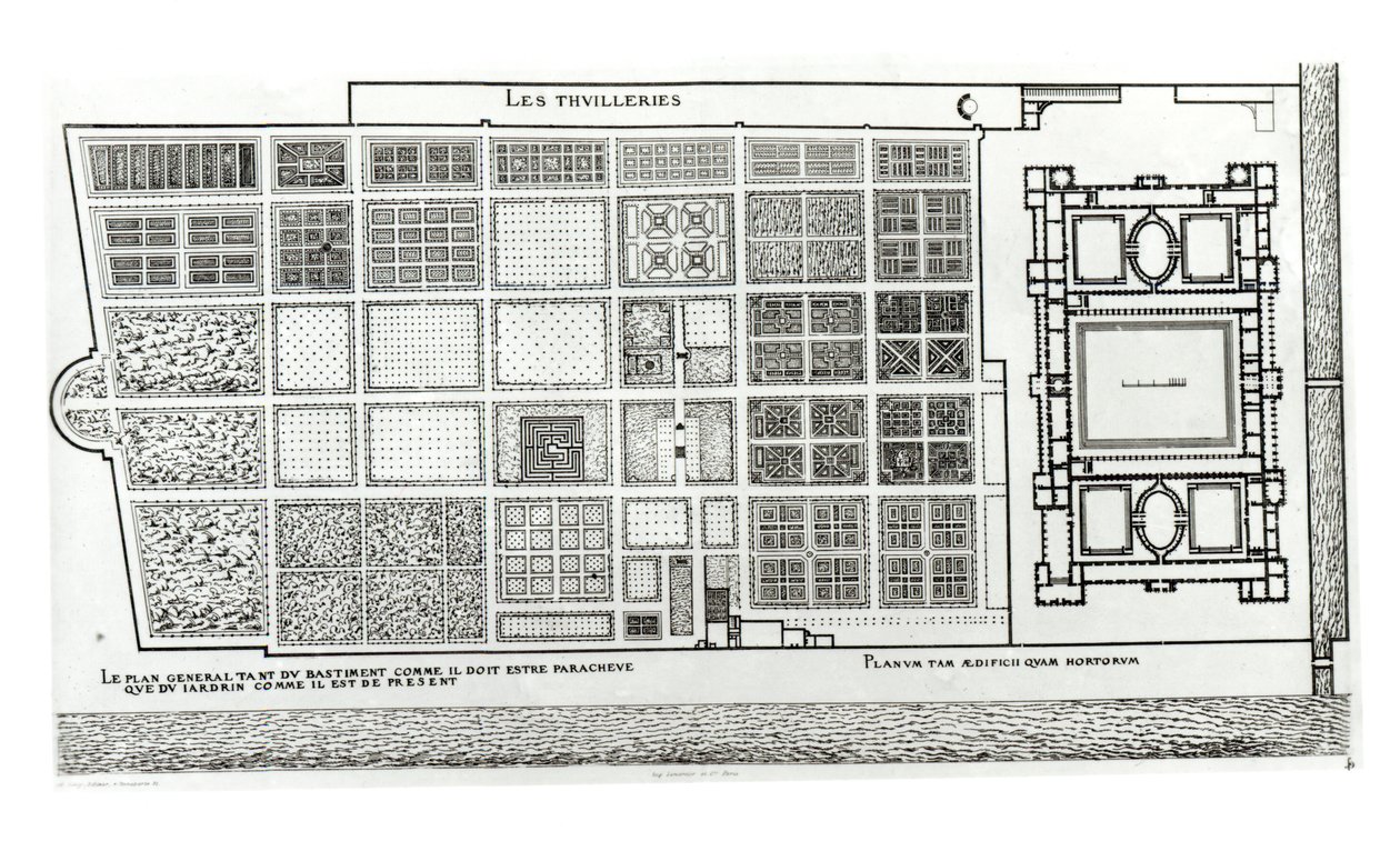Plán paláce a zahrady Tuileries v Paříži v 16. století, vyd. A. Levy, 19. stol. od J. Androuet Ducerceau