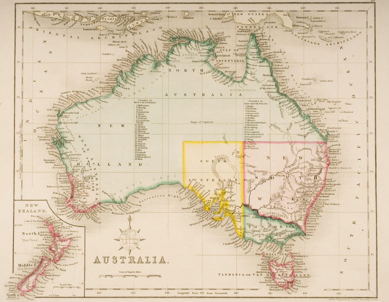 Mapa Austrálie a Nového Zélandu od J. Archer