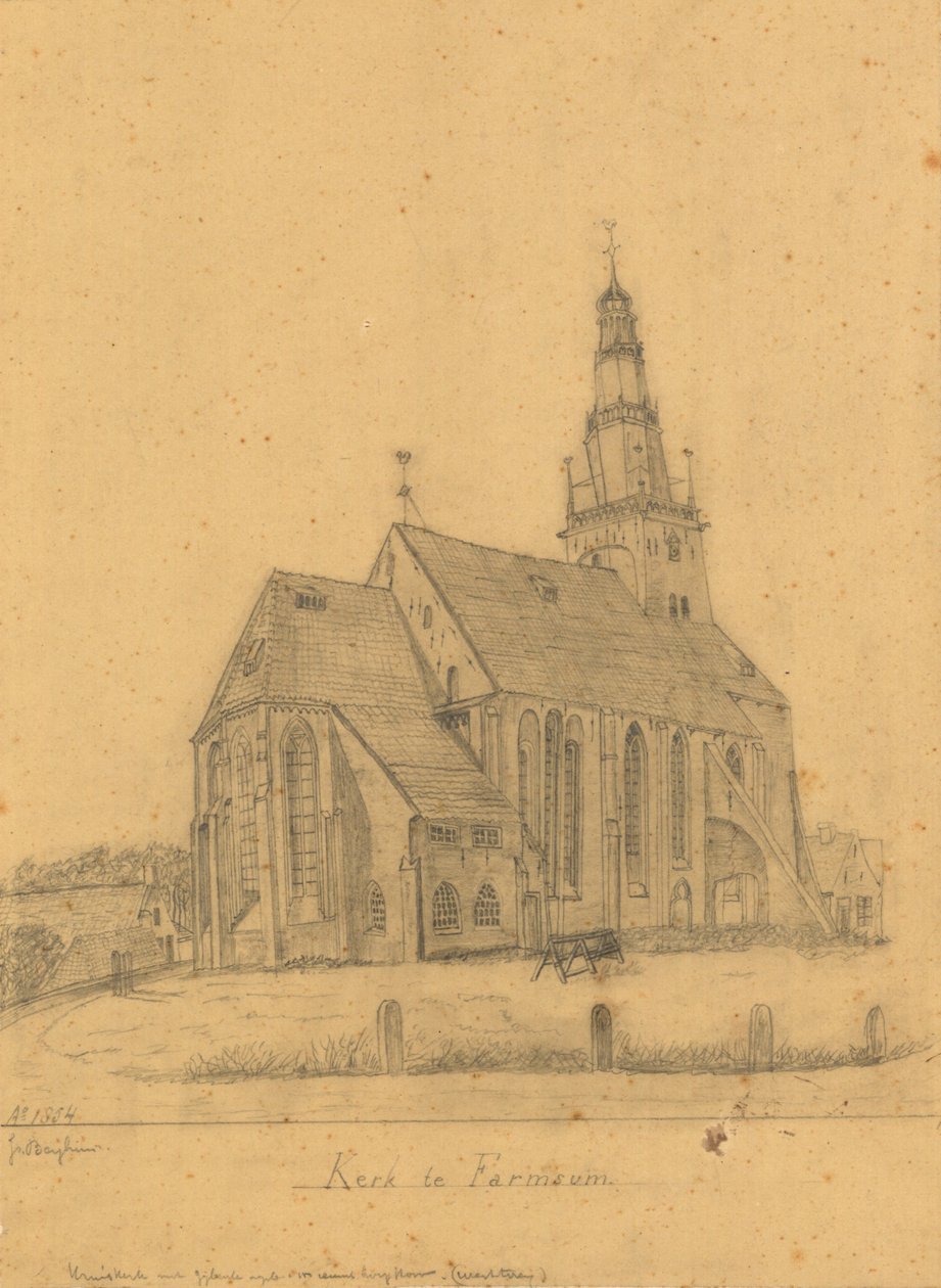 Kresba starého kostela Farmsum před demolicí věže v roce 1855 (a kostela v roce 1869) od J. Berghuis