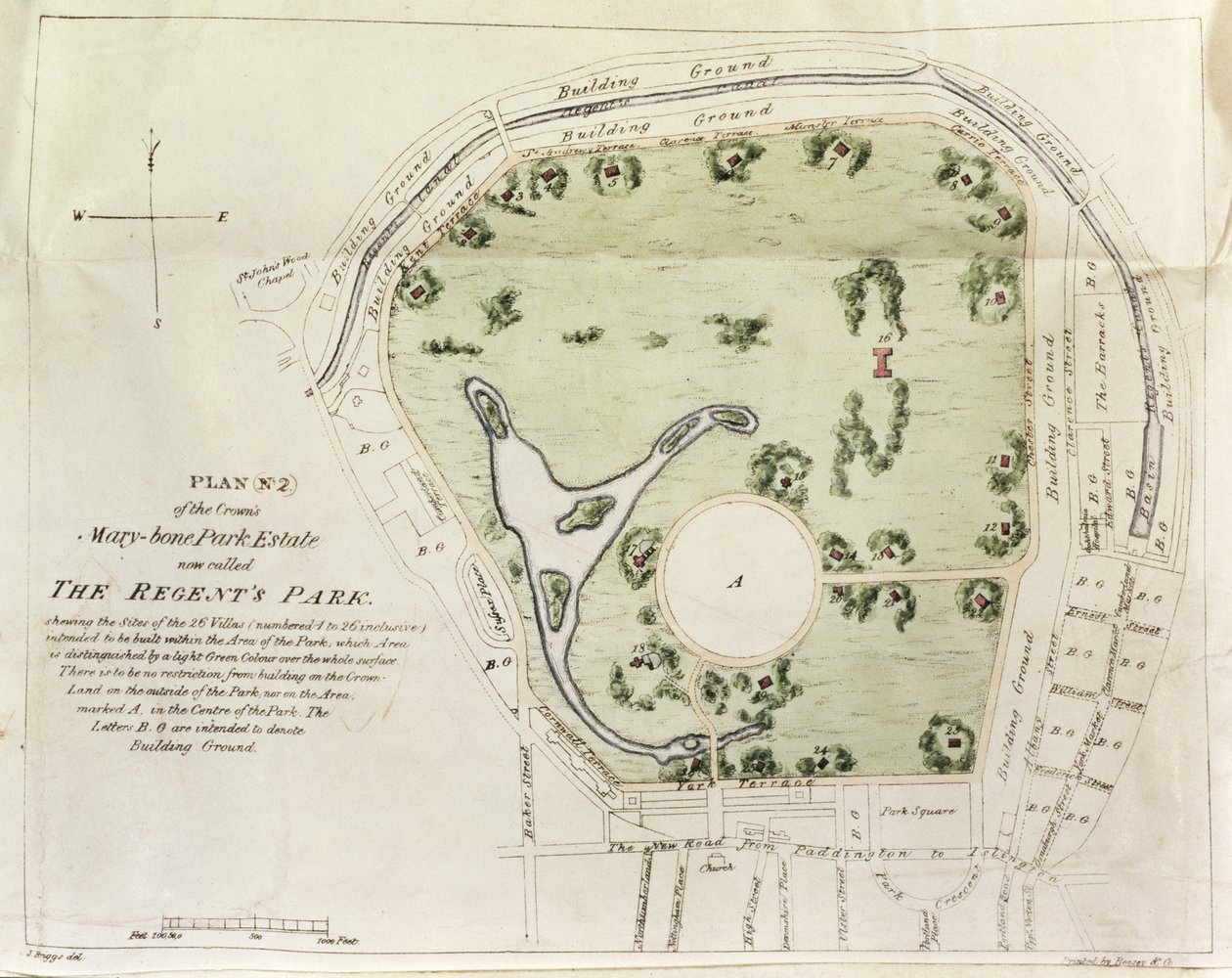 Plán Regents Parku, vytiskl Boosey & Co., 1822 od J. Briggs