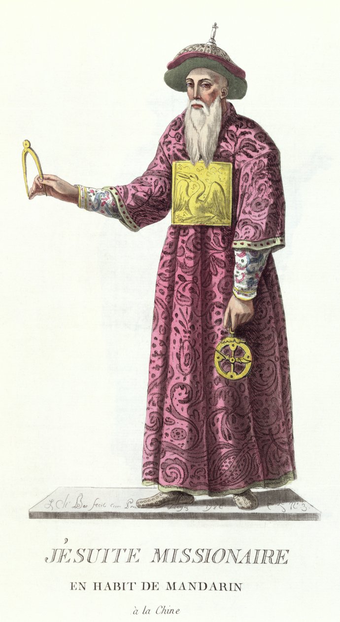 Jezuitský misionář v mandarínském kostýmu, ze „Sbírky všech kostýmů náboženských a vojenských řádů“, vydané 1785 od J. C. Bar