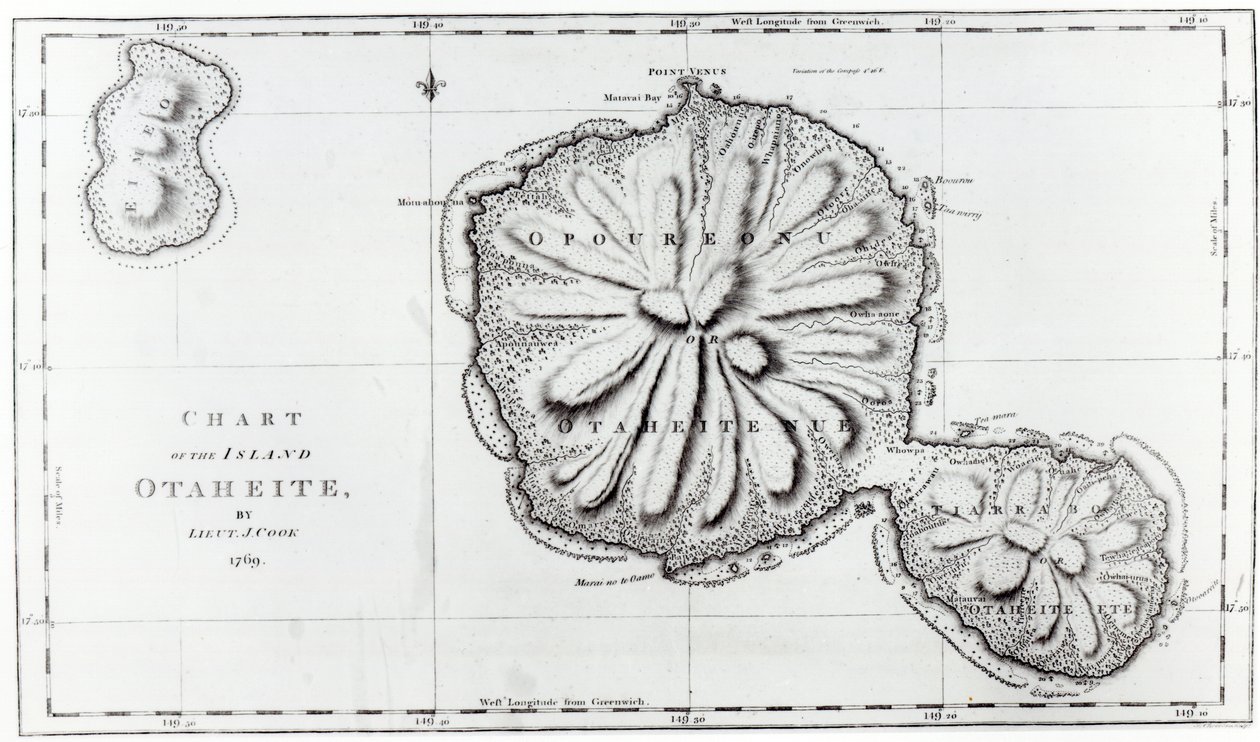 Mapa ostrova Otaheite, 1769 od J. Cook