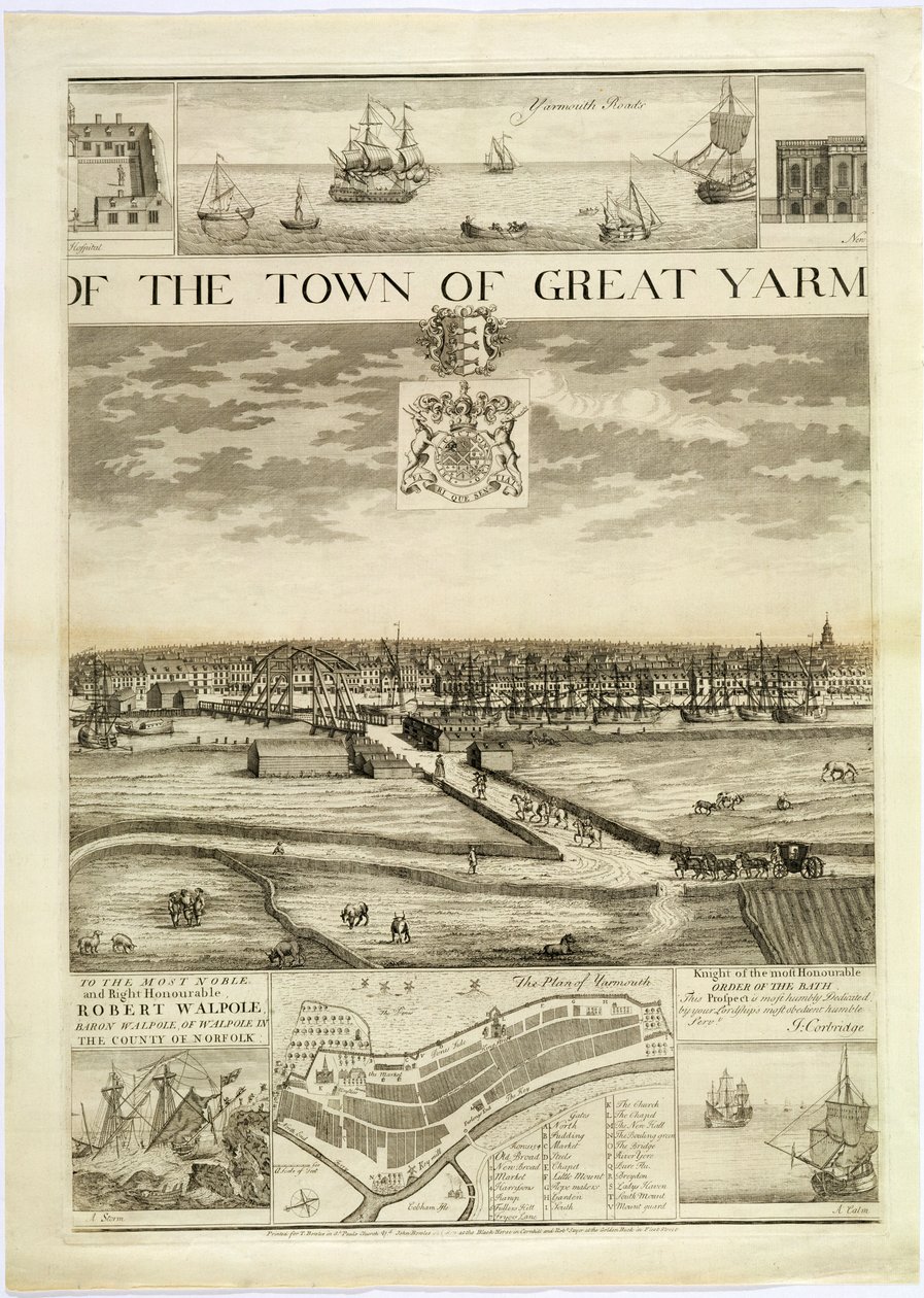 Západní prospekt města Great Yarmouth v Norfolku, vyrytý Johnem Harrisem (fl.1686-1740) (viz také 241066,241068) od J. Corbridge