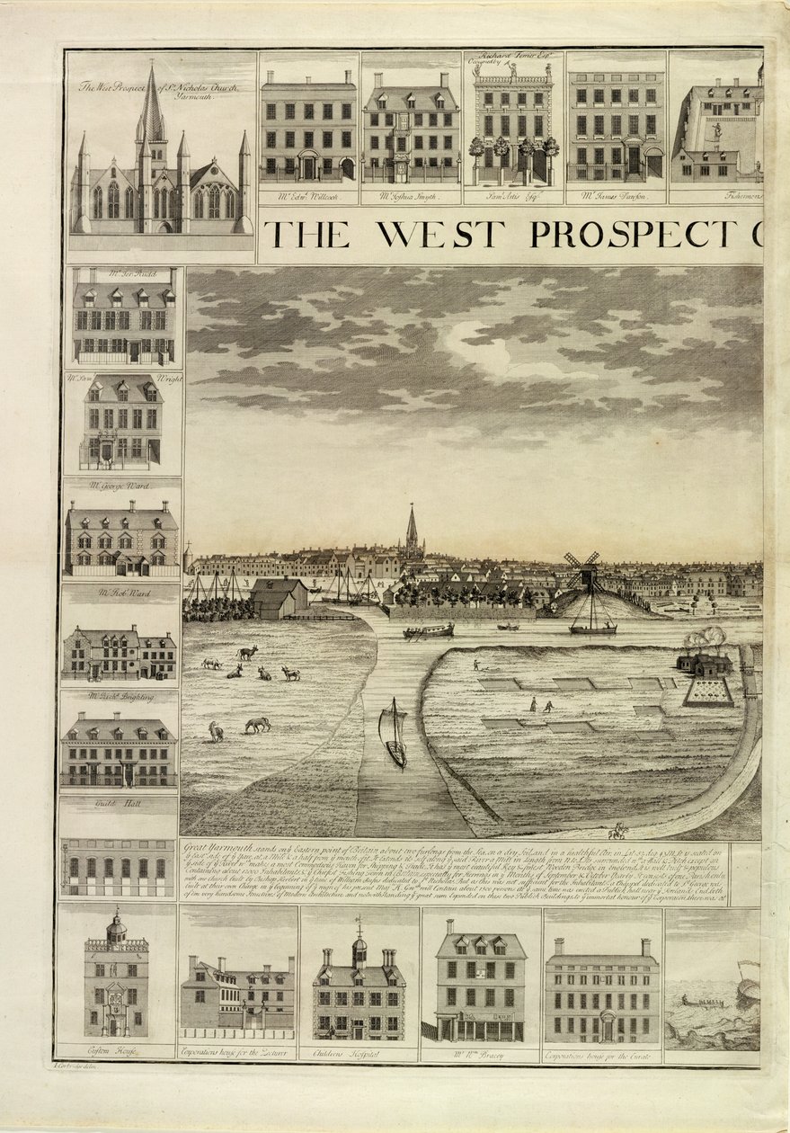 Západní prospekt města Great Yarmouth v Norfolku, vyrytý Johnem Harrisem (fl.1686-1740) (viz také 241067,241068) od J. Corbridge