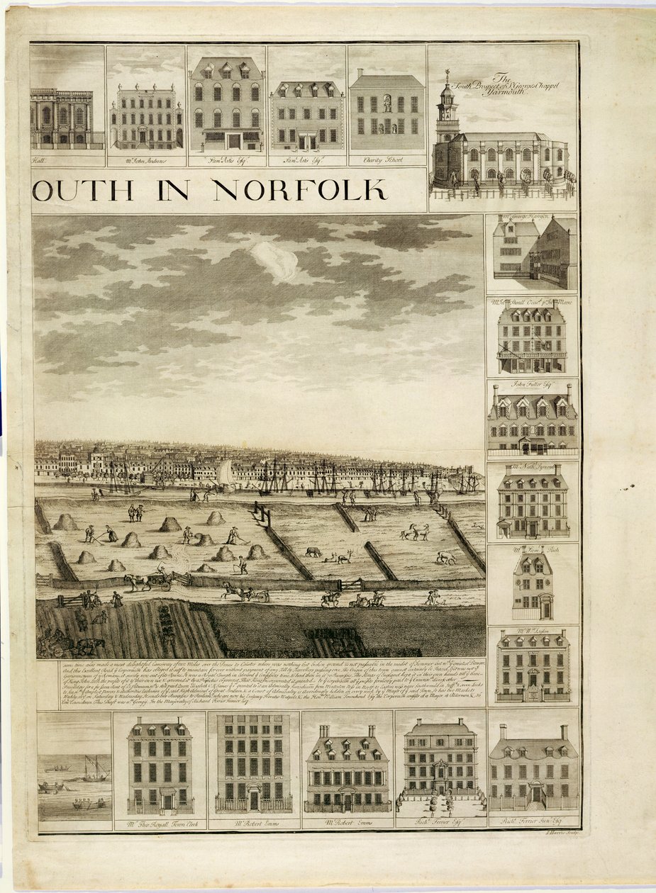 Západní prospekt města Great Yarmouth v Norfolku, vyrytý Johnem Harrisem (fl.1686-1740) (viz také 241066,241067) od J. Corbridge