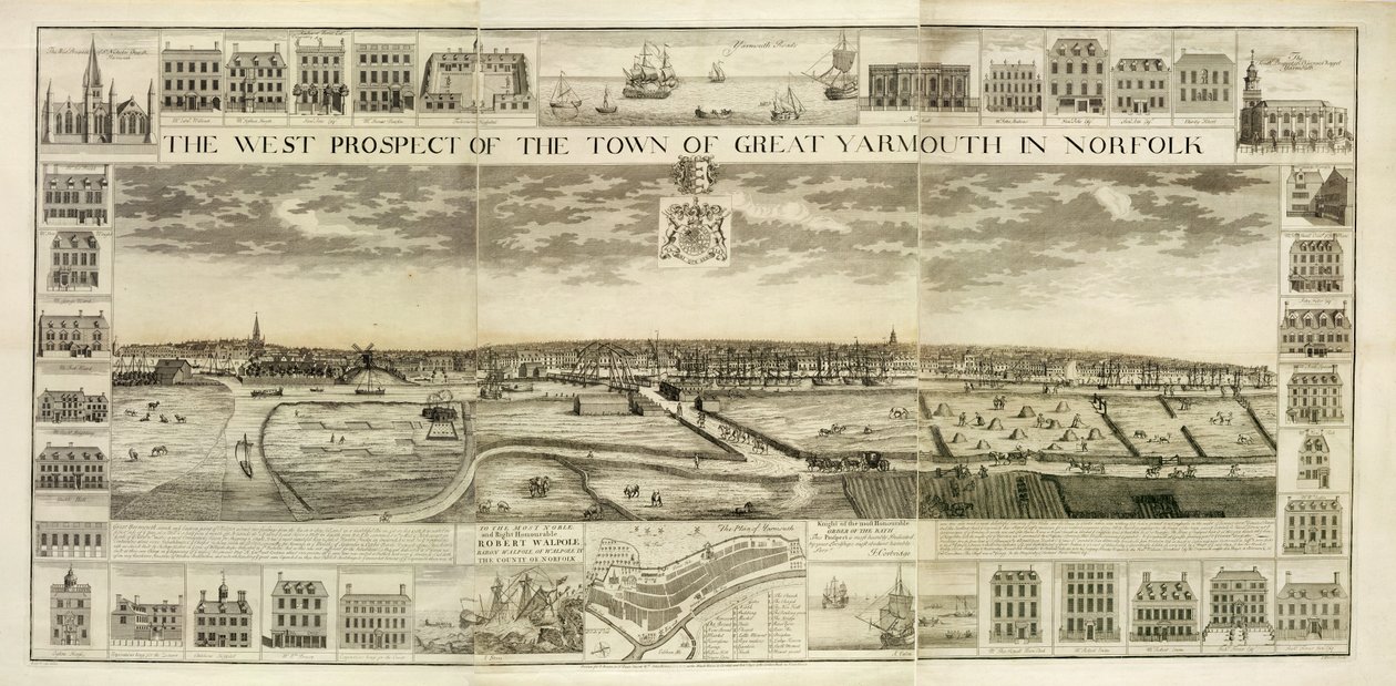 Západní prospekt města Great Yarmouth v Norfolku, vyrytý Johnem Harrisem (fl.1686-1740) (viz také 241066-68) od J. Corbridge