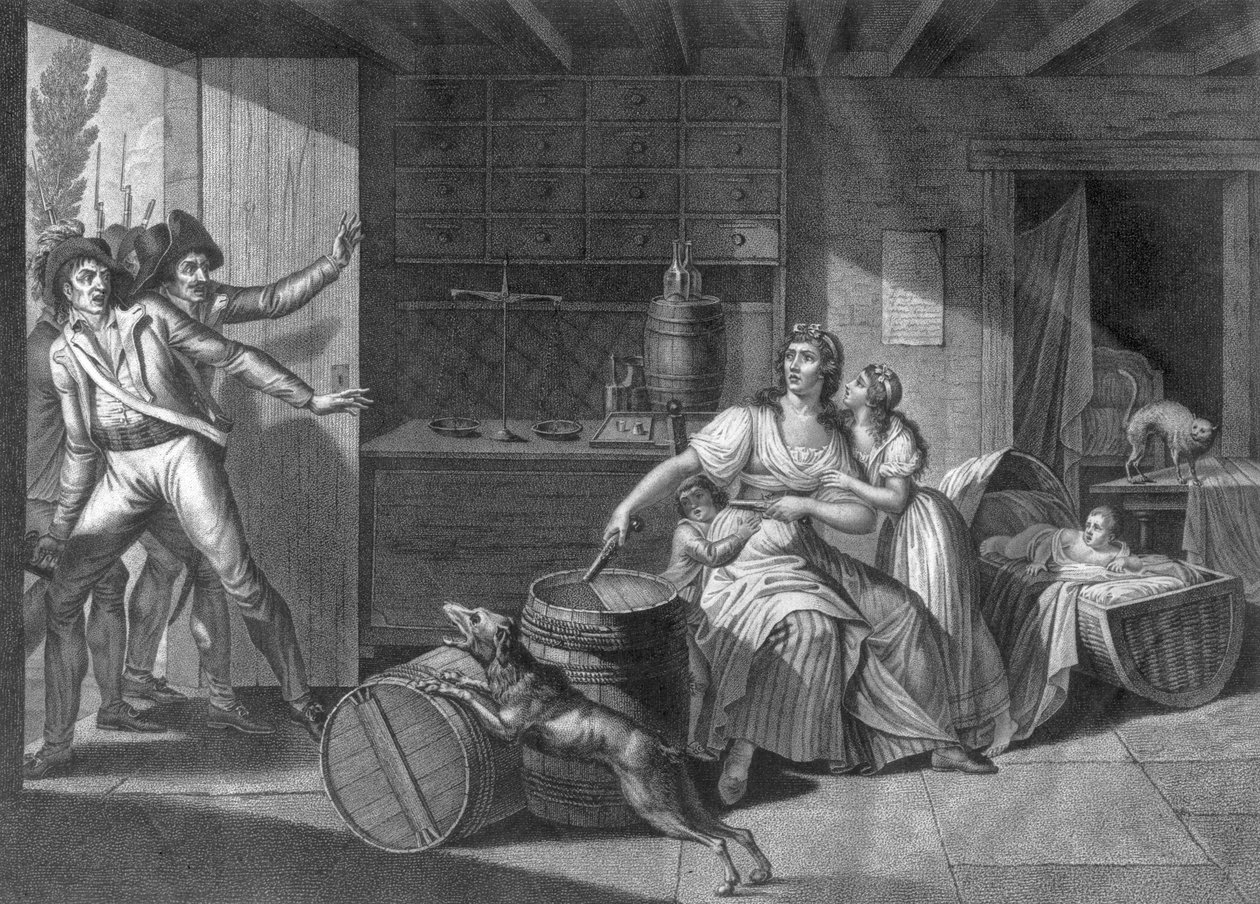 Hrdinská odvaha ženy čelící vendským lupičům, kteří získali kontrolu nad Saint-Mithier, 1793 od J. F. Cazenave