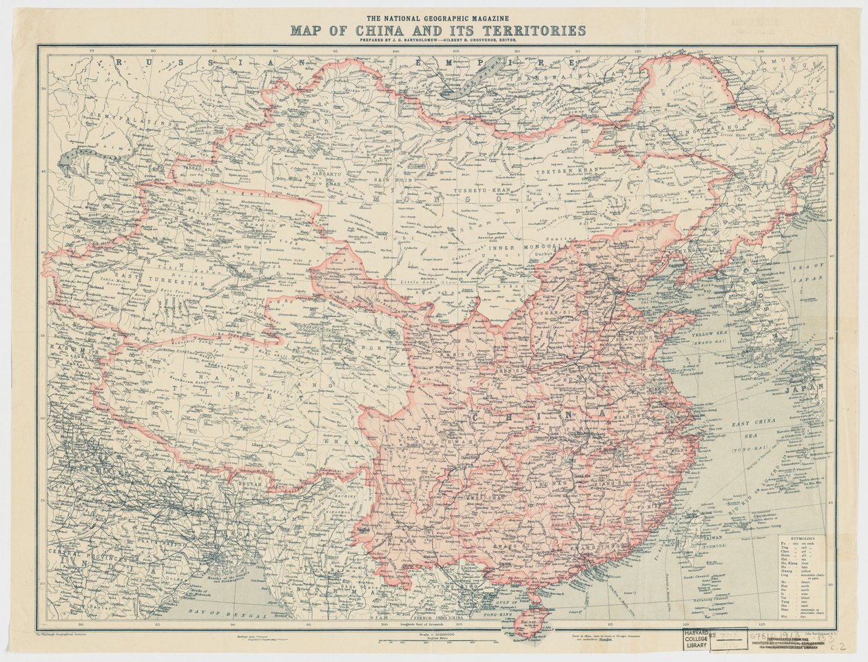 Mapa Číny a jejích území podle časopisu National Geographic Magazine od J. G. Bartholomew