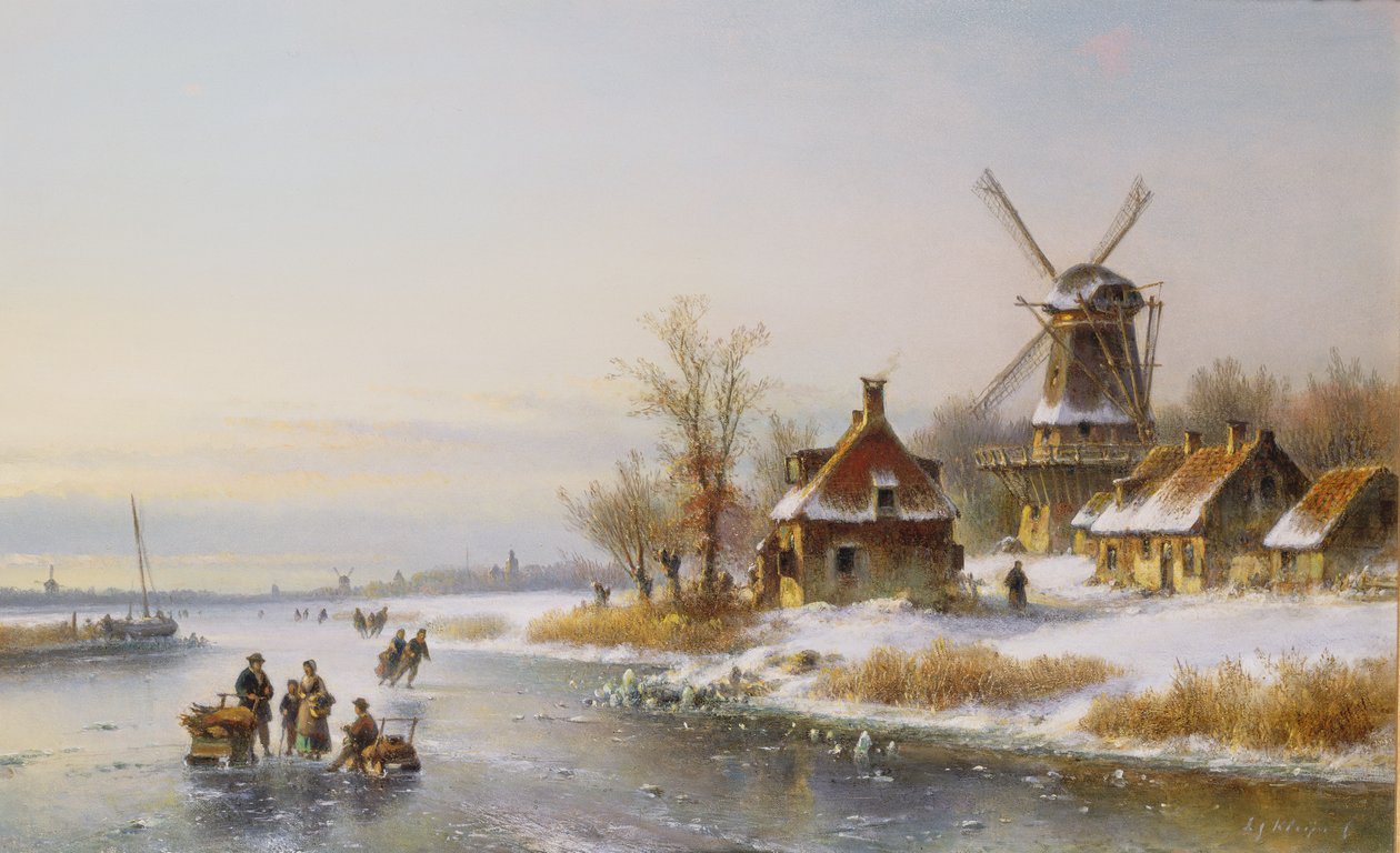 Zimní krajina s větrným mlýnem, 19. století od Lodewijk Johannes Kleyn