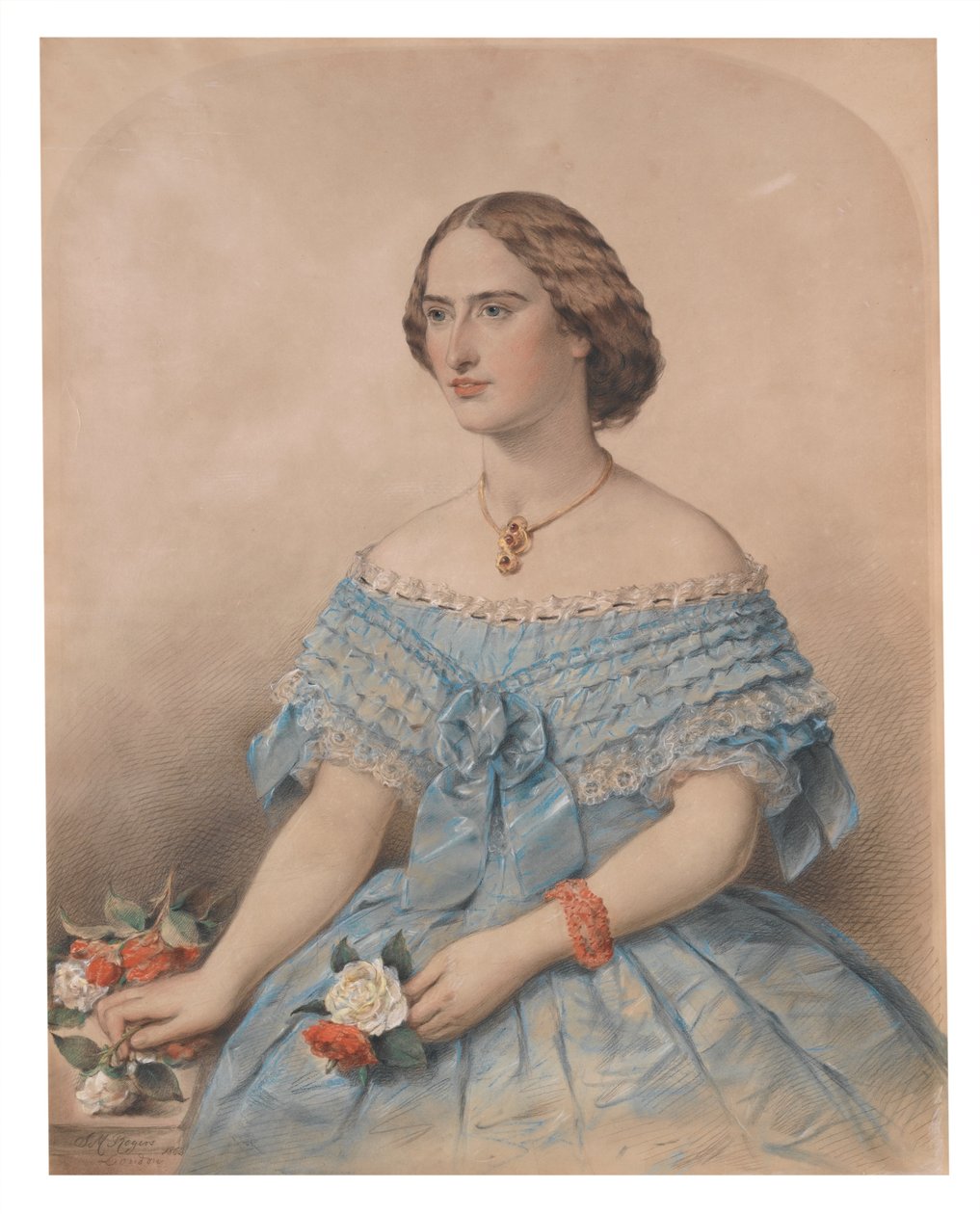 Portrét mladé ženy, slečna Floeová, 1863 (pastel na papíře) od J. M. Rogers