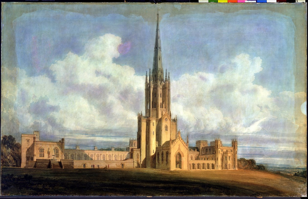 Projektovaný design pro Fonthill Abbey, Wiltshire, 1798 (wc na tkaném papíře podložené lnem) od Joseph Mallord William Turner