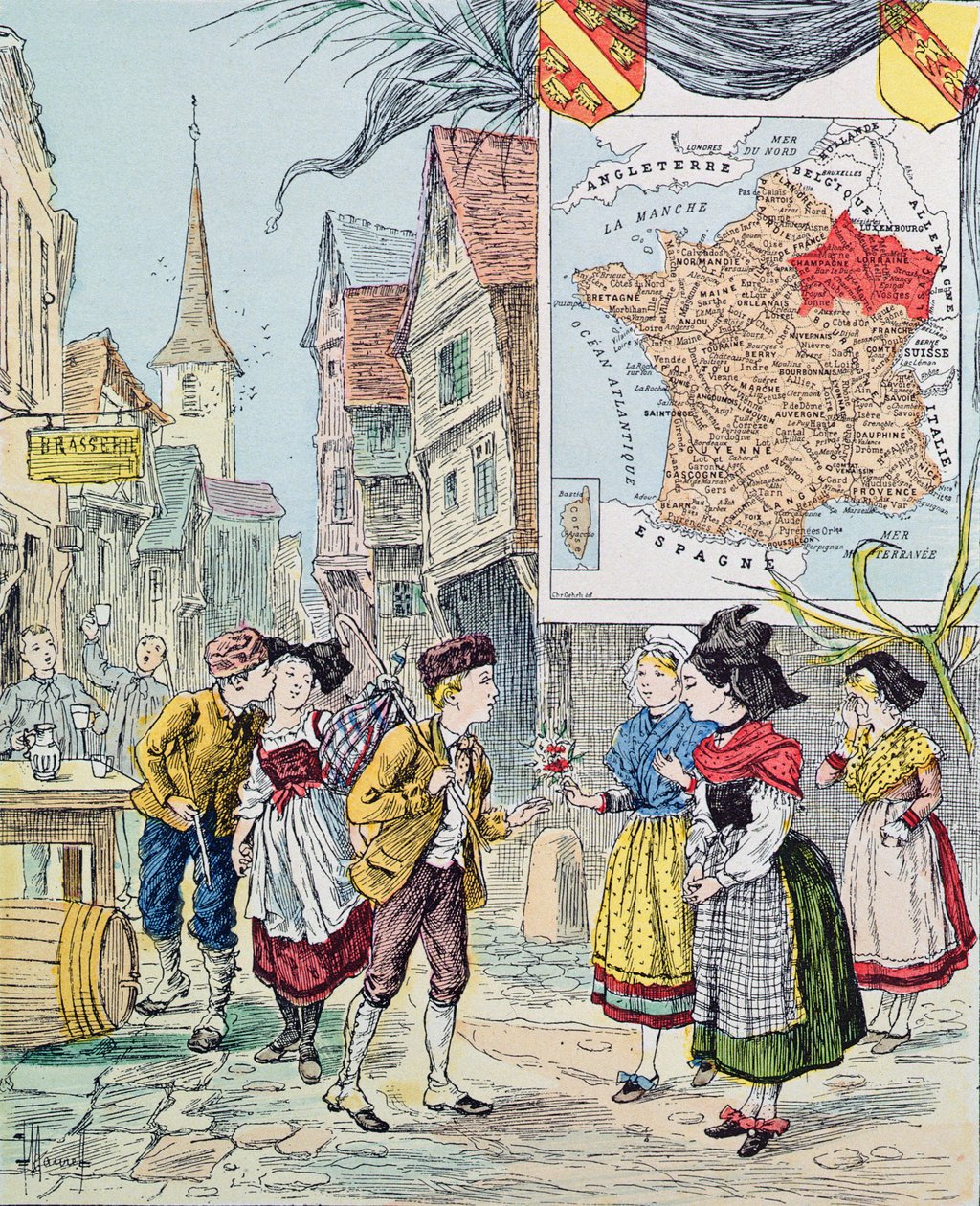 Alsasko-Lotrinsko, ilustrace pro Le Tour de France od Marie de Grandmaison, 1893 od J. Maurel