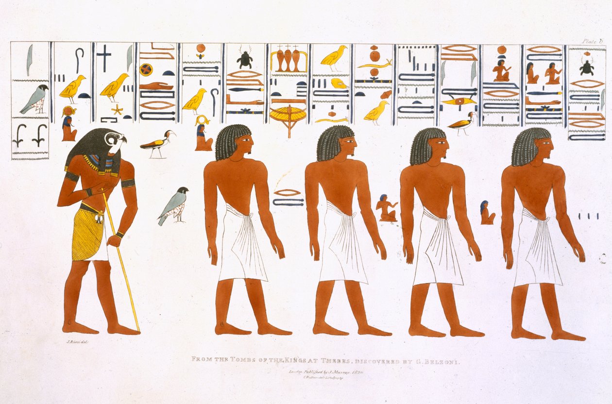 Nástěnné malby z hrobek králů v Thébách, objevené G. Belzonim, deska 6 z knihy `Plates Illustrative of the Researches in Egypt and Nubia`, vyryl Charles Hullmandel (1789-1850) 1820-22 (lit. od J. Ricci