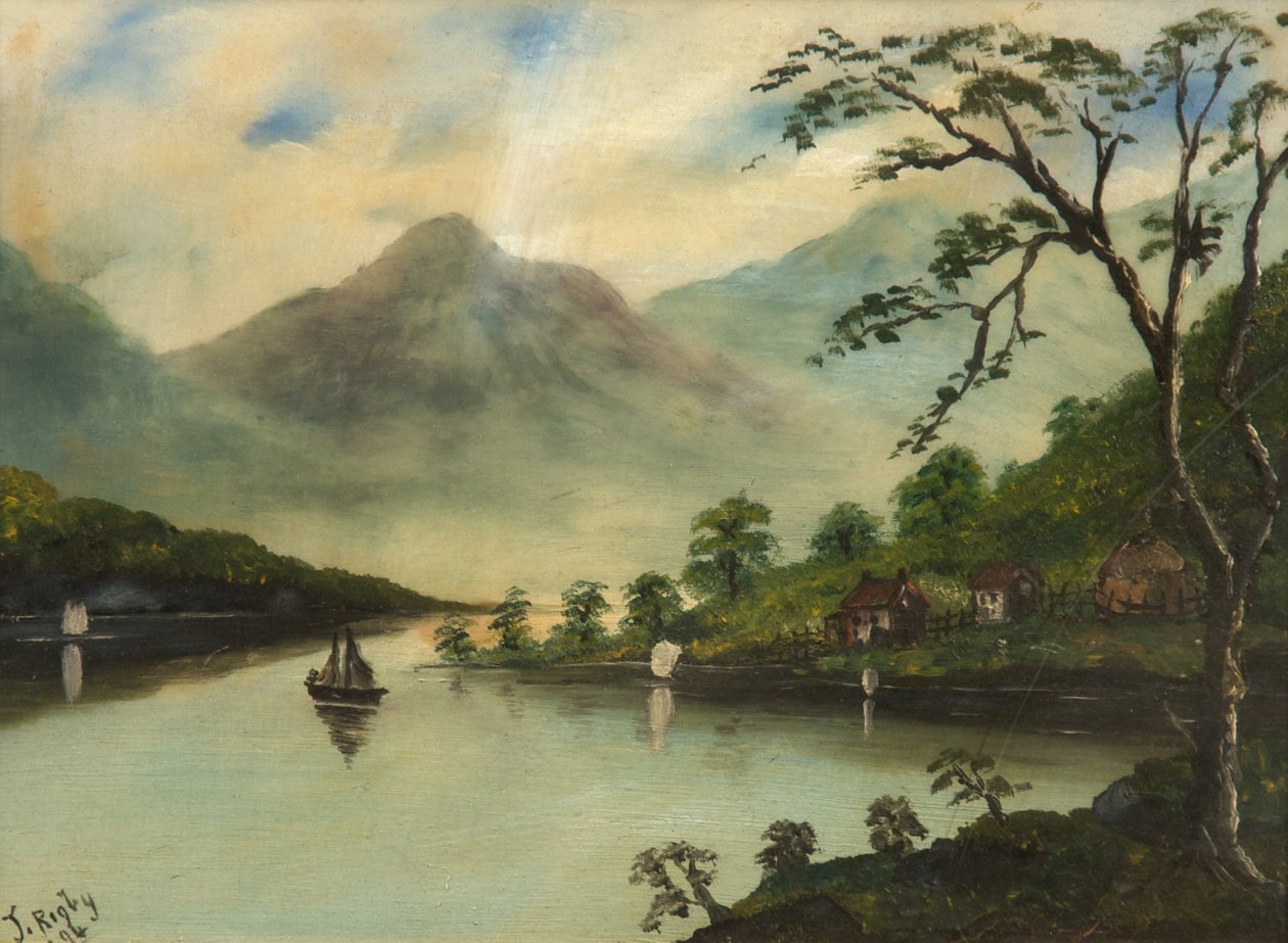 Krajina s jezerem, horami a plachetnicí, 1894 (olej na skle) od J. Rigby