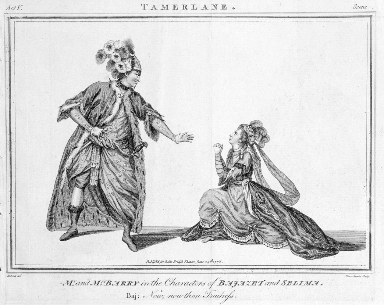 „Teď, teď, ty zrádkyně“, scéna z Tamerlane od Nicholase Rowea, 1776 od J. Roberts