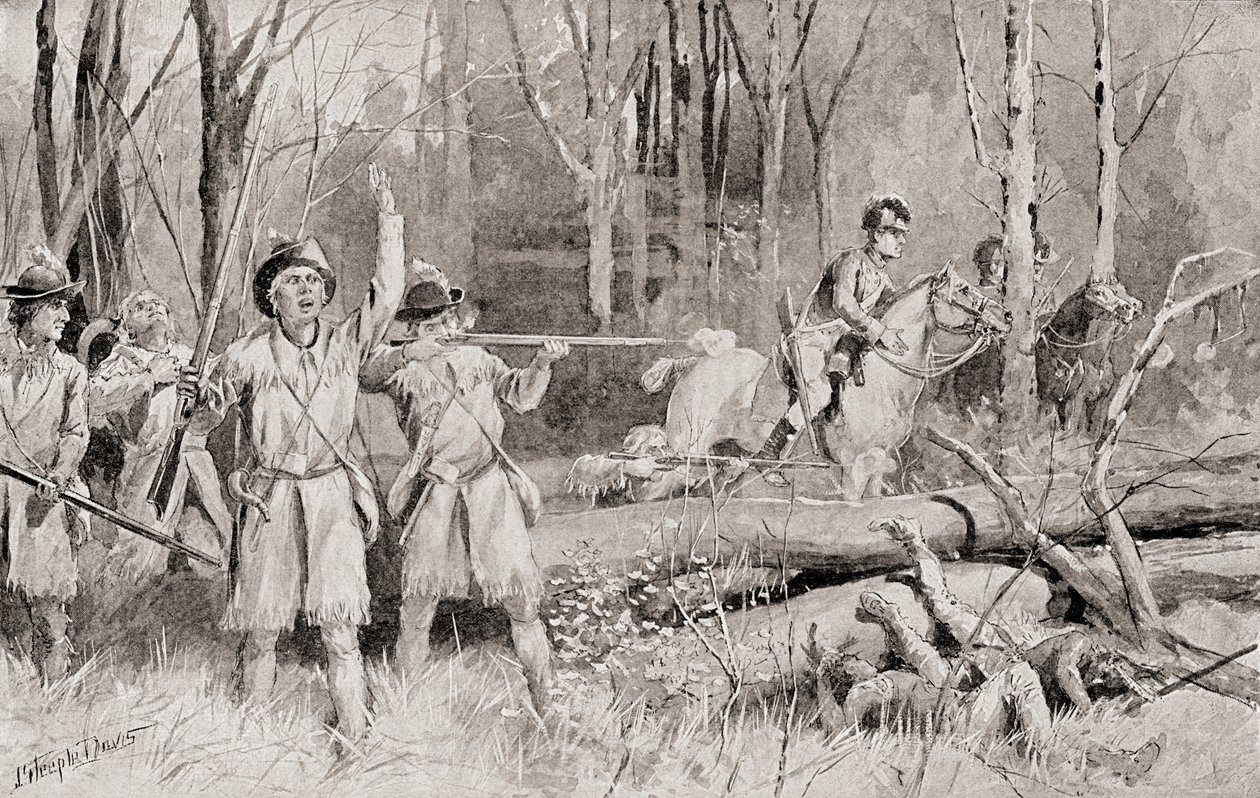 The Battle of Fallen Timbers, 20. srpna 1794, závěrečná bitva v severozápadní indické válce, z Historie naší země, vydané 1905 od J. Steeple Davis