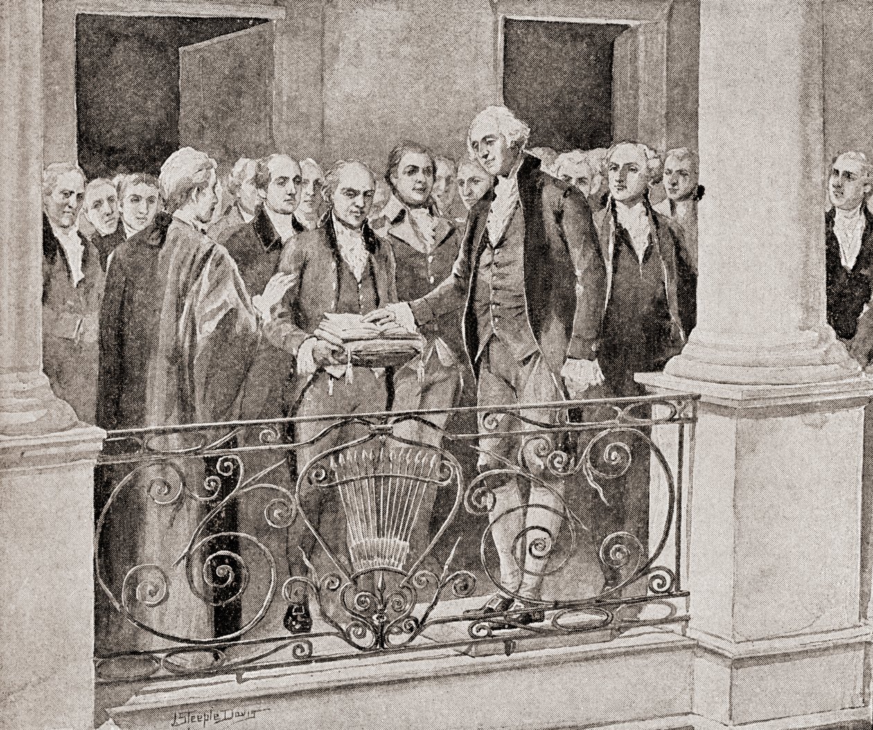 První inaugurace George Washingtona, 30. dubna 1789, z knihy The History of Our Country, vydané v roce 1905. od J. Steeple Davis