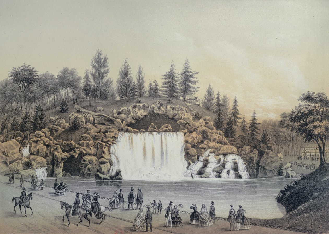 Velká kaskáda v Bois de Boulogne v Paříži, publikoval Caudrilier, 1860 od J. Walter