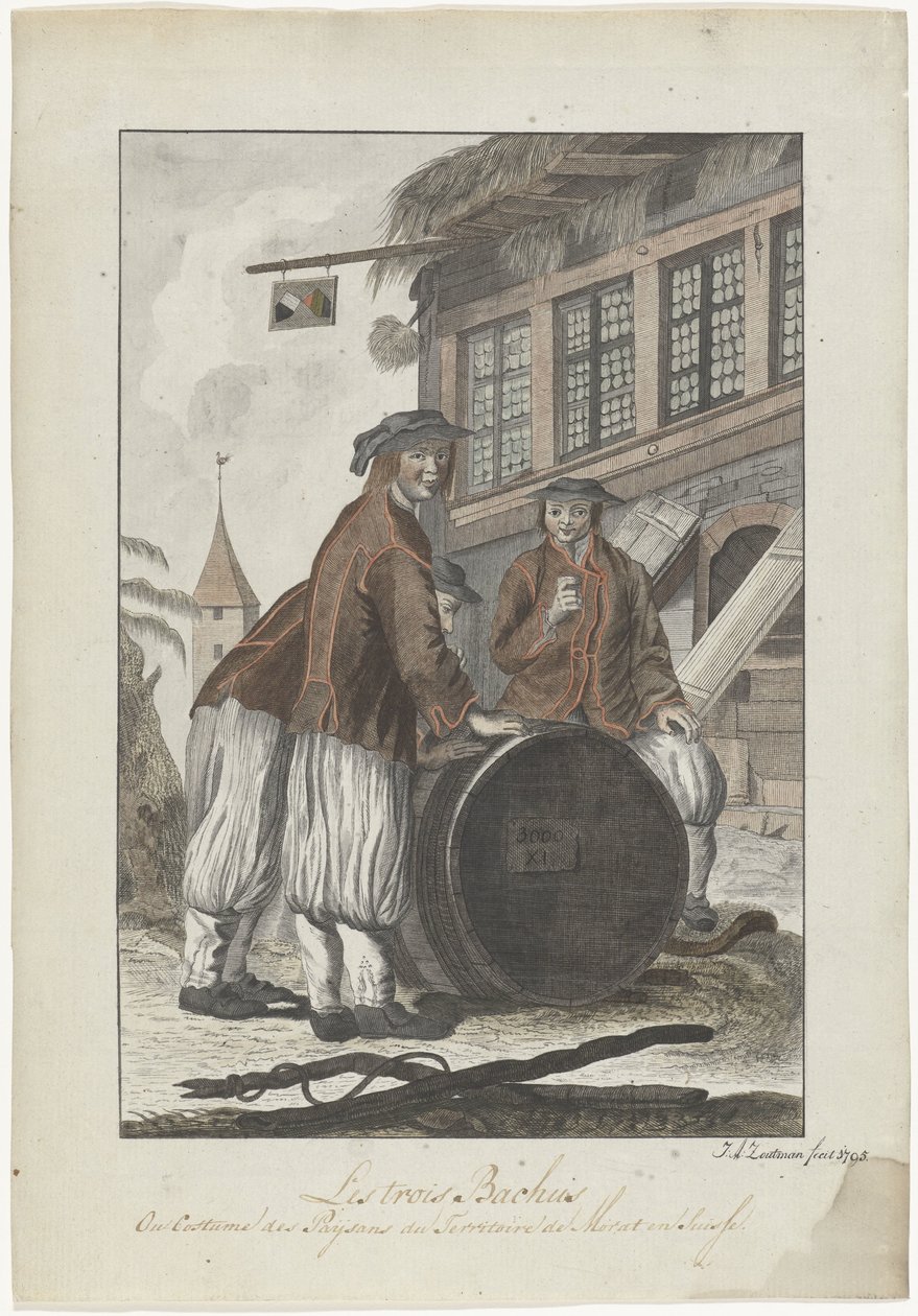 Drie mannen in Zwitserse kleding voor een huis   1355658   cs       czech Successfully Translated  Original: An Ancient Picture of the Boat Bridge at Sano in Kozuke Province from the series Curious Views of Famous Bridges in the Provinces Translat: An Anci od J.A. Zoutman