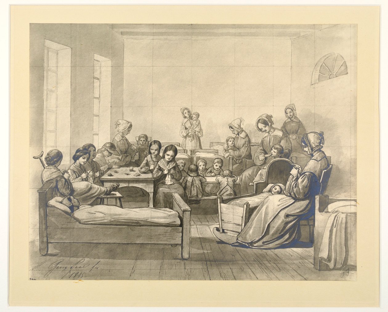 Kinder-Kranken-Saal, scéna na oddělení s dětmi a jáhenkami v Kaiserswerth, 1845 od J.B. Sonderland