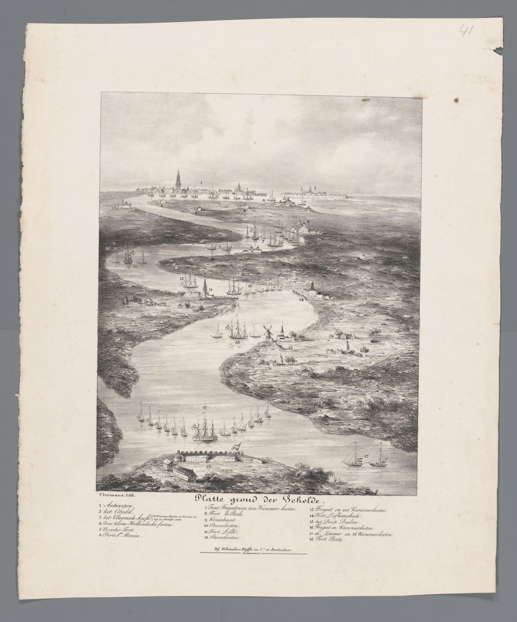 Procházka po Šeldě z Fort Bath do Antverp, 1832 Mapa Scheldt (název na objektu) od J.B. Clermans