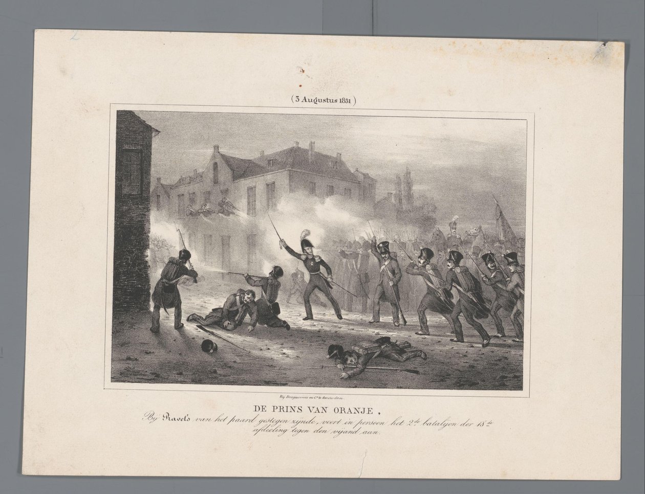 Prince of Orange vede vojska u Ravels, 1831 Princ of Orange, který vstal z koně v Ravels, osobně vede 2. batalyon 18. divize proti nepříteli / (3. srpna 1831) (název na předmětu) Sedm záznamů bitev o od J.B. Clermans