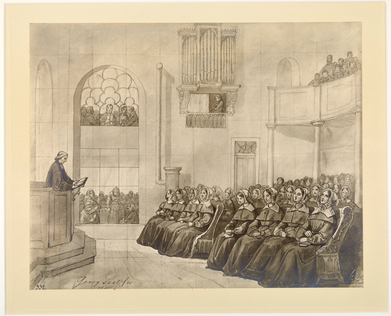 Diaconissen-Kirche, pastor Fliedner káže diakonkám v kapli v Kaiserswerth, 1840 od J.B. Sonderland