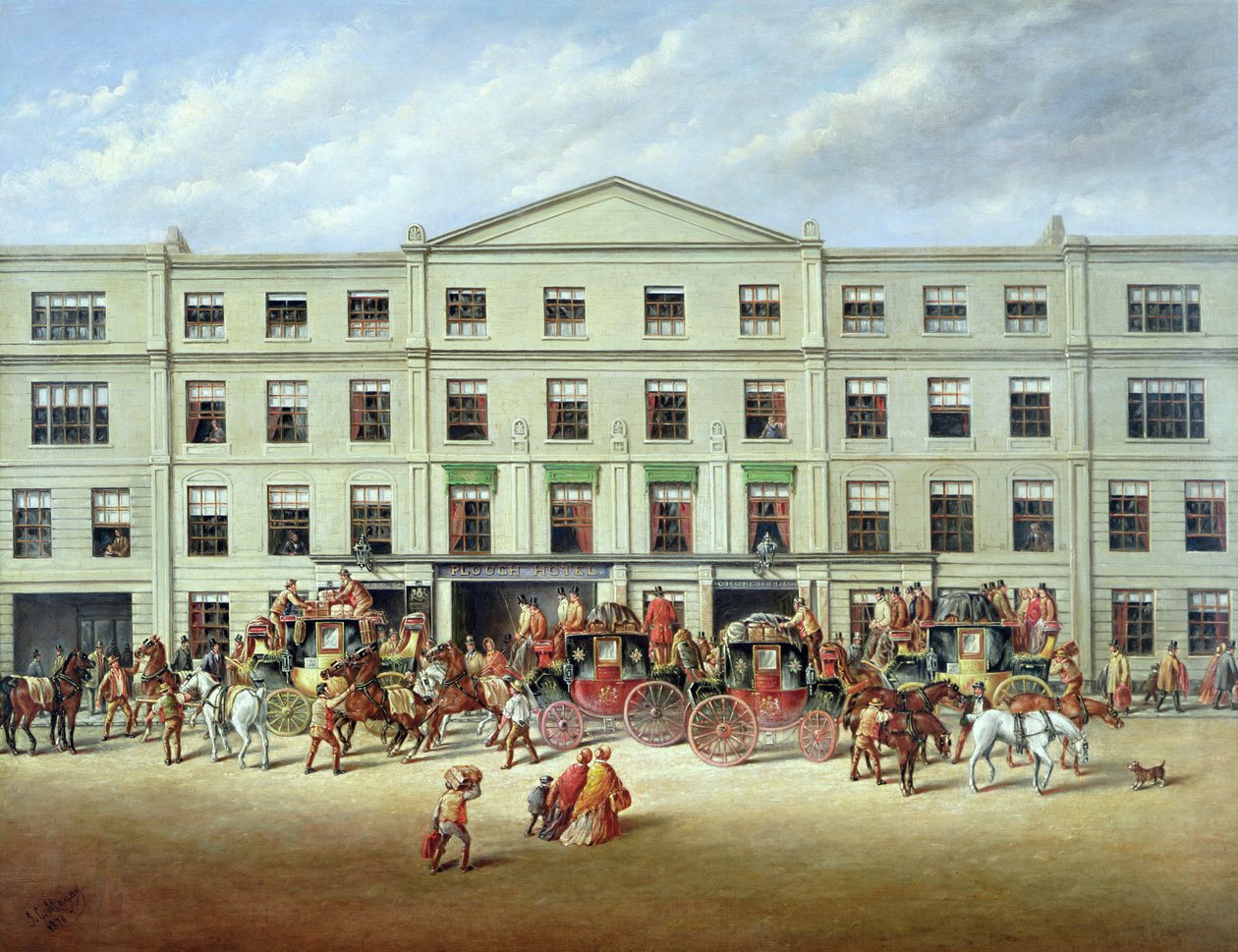 Přebalování koní před Plough Inn, Cheltenham, 1870 od J.C. Maggs