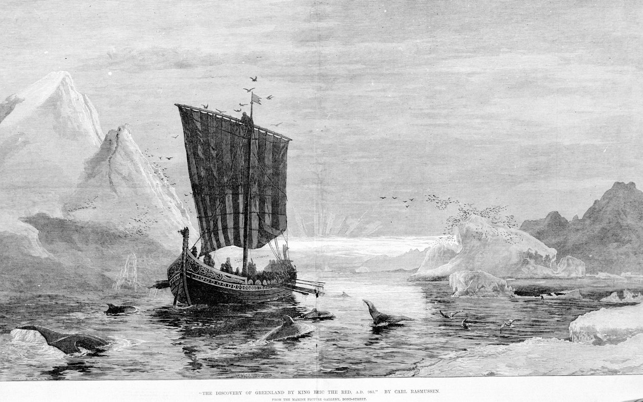 Objev Grónska Erikem Červeným v 10. století C. Rasmussenem. Marine Picture Gallery, Bond Street. od J.E. Carl Rasmussen