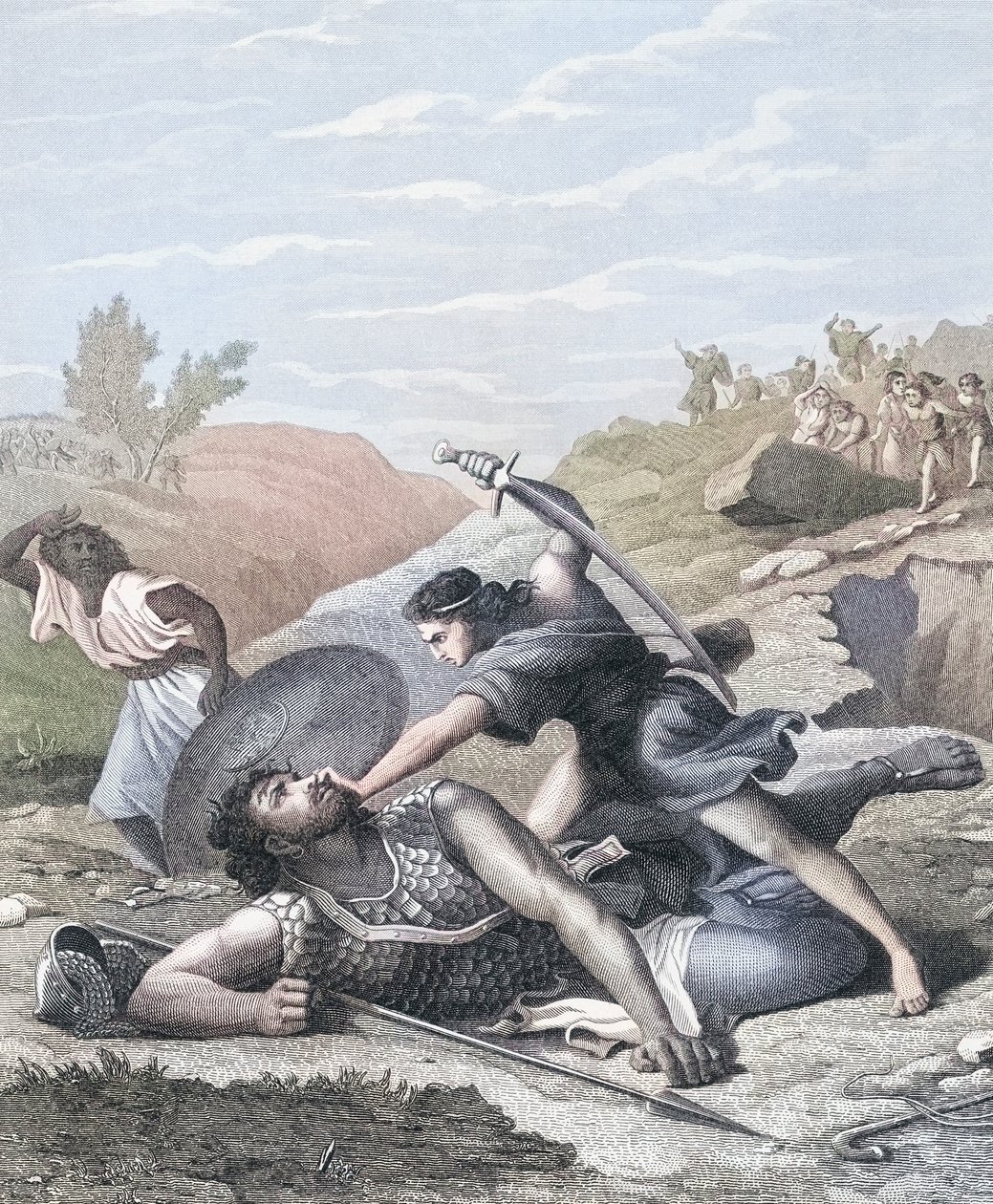 David a Goliáš (barevná rytina) od J.F.C. (after) Reckleben