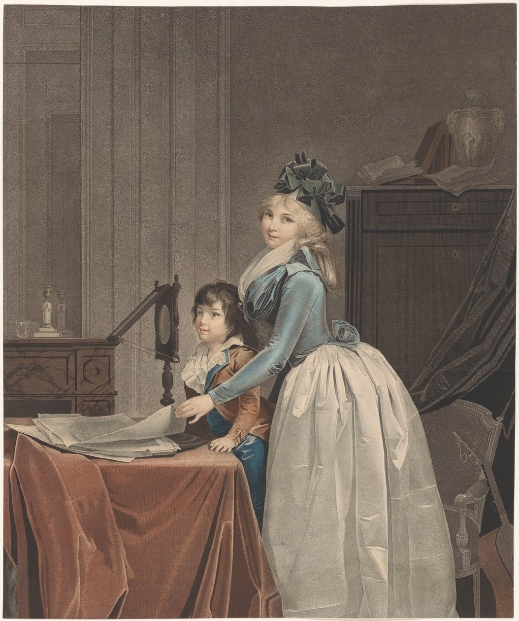 Portrét Louise Sébastienne Gély s nevlastním synem za optickým zrcadlem optika od J.F. Cazenave