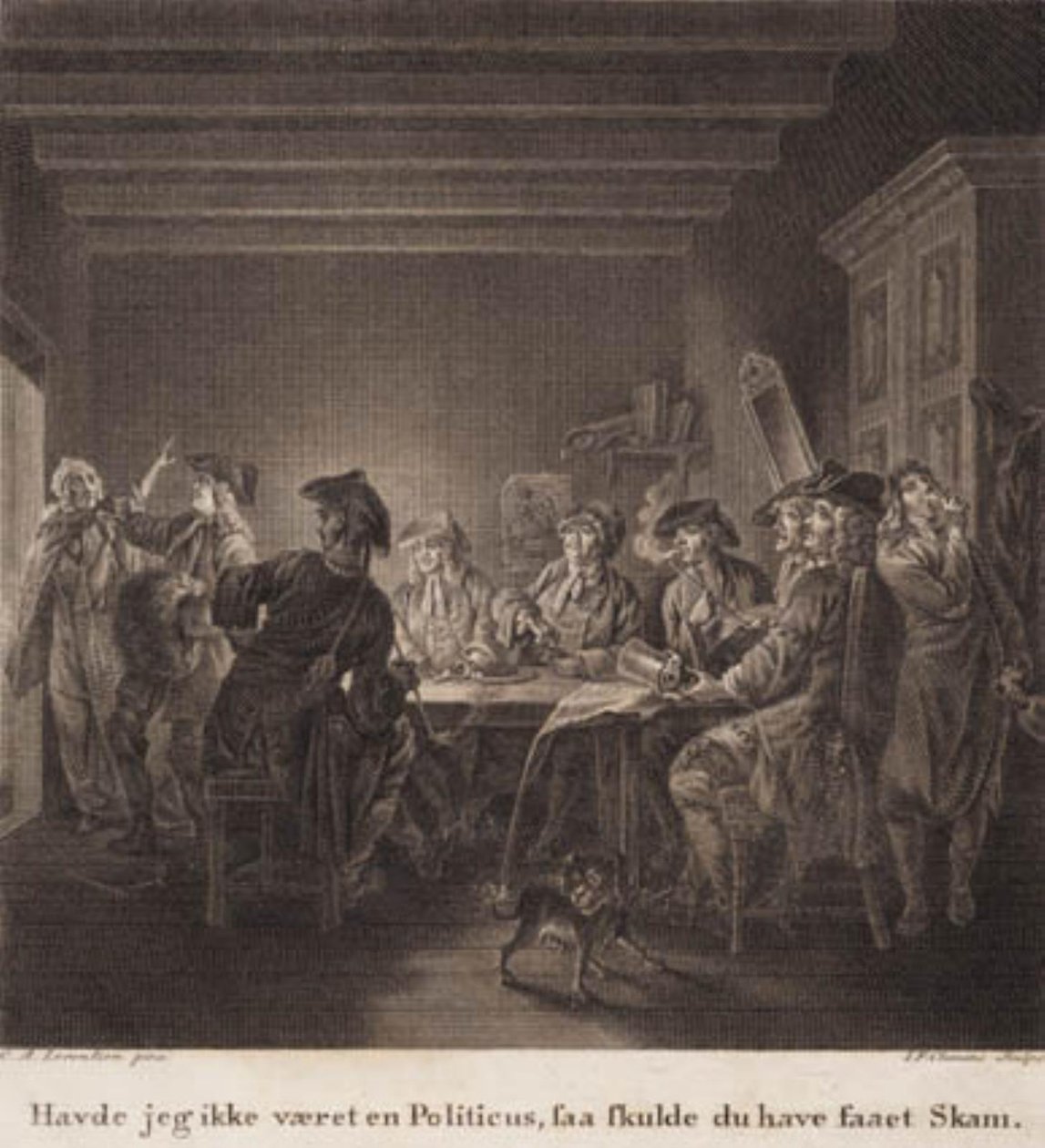 Politický džbán. "Kdybych nebyl politik, měl byste se stydět." Rytina podle galerie Lorentzens Holberg. od J.F. Clemens