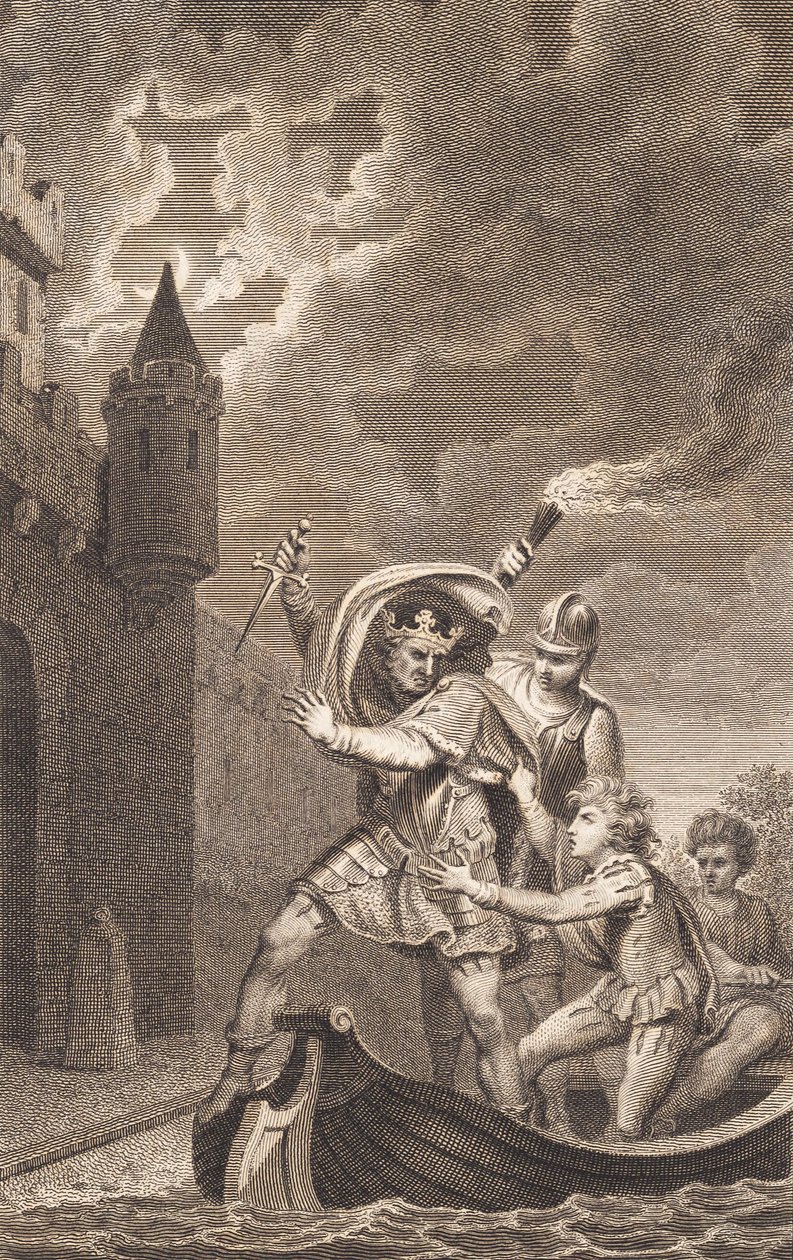 Ilustrace. Král se zdviženou dýkou a tři lidé ve člunu od J.F. Clemens