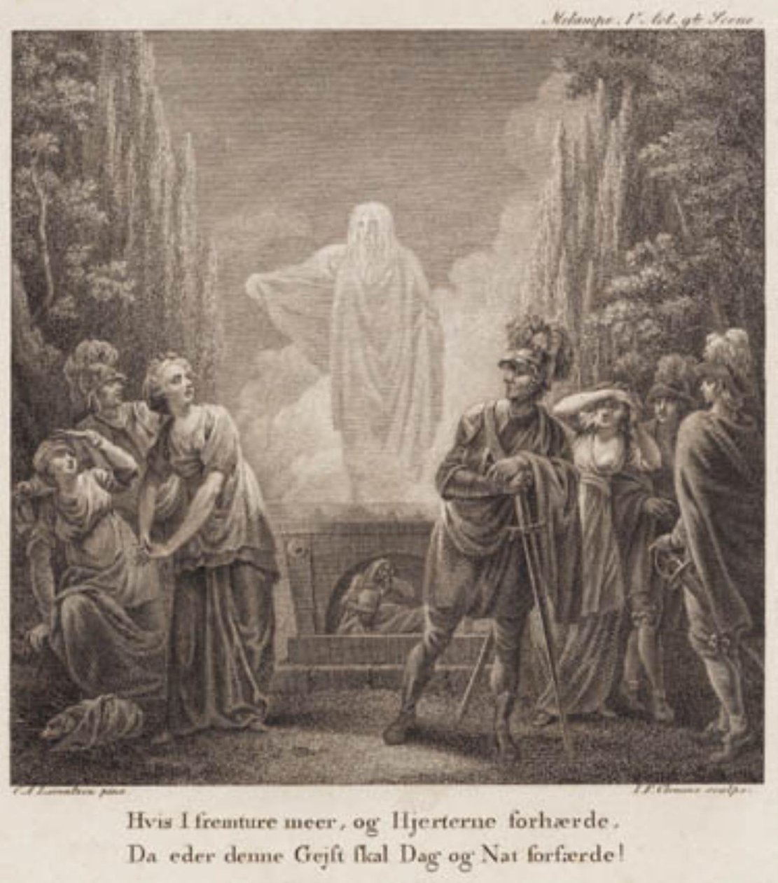 Melampe. Půjdete-li více vpřed a zatvrdíte svá srdce, kdy vás tento duch bude děsit dnem i nocí? Rytina podle Llorentzens Holberg Galleri. od J.F. Clemens