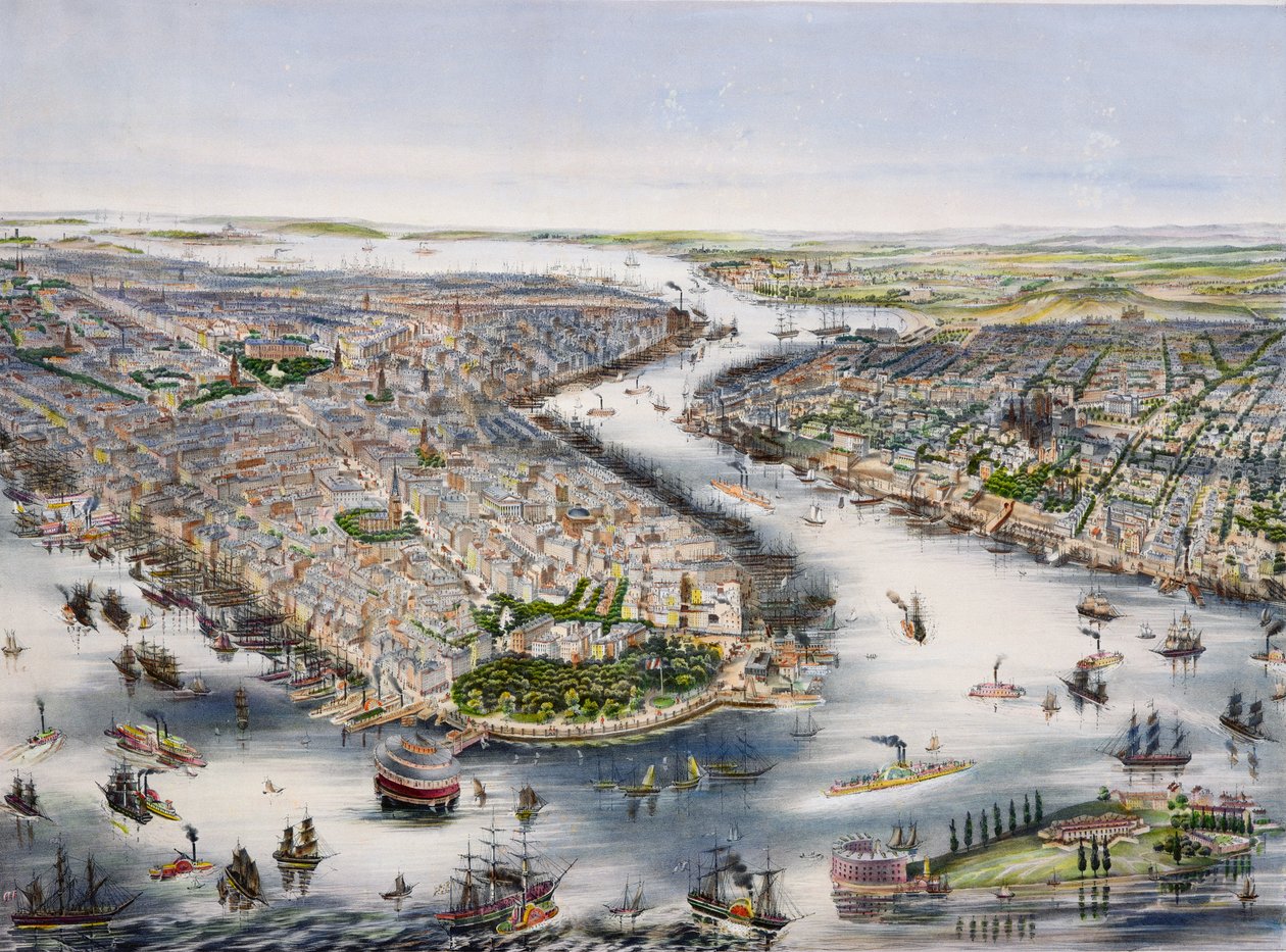 Pohled z ptačí perspektivy na New York a Brooklyn, vytiskl I. Schaerer od J.H. Lochner