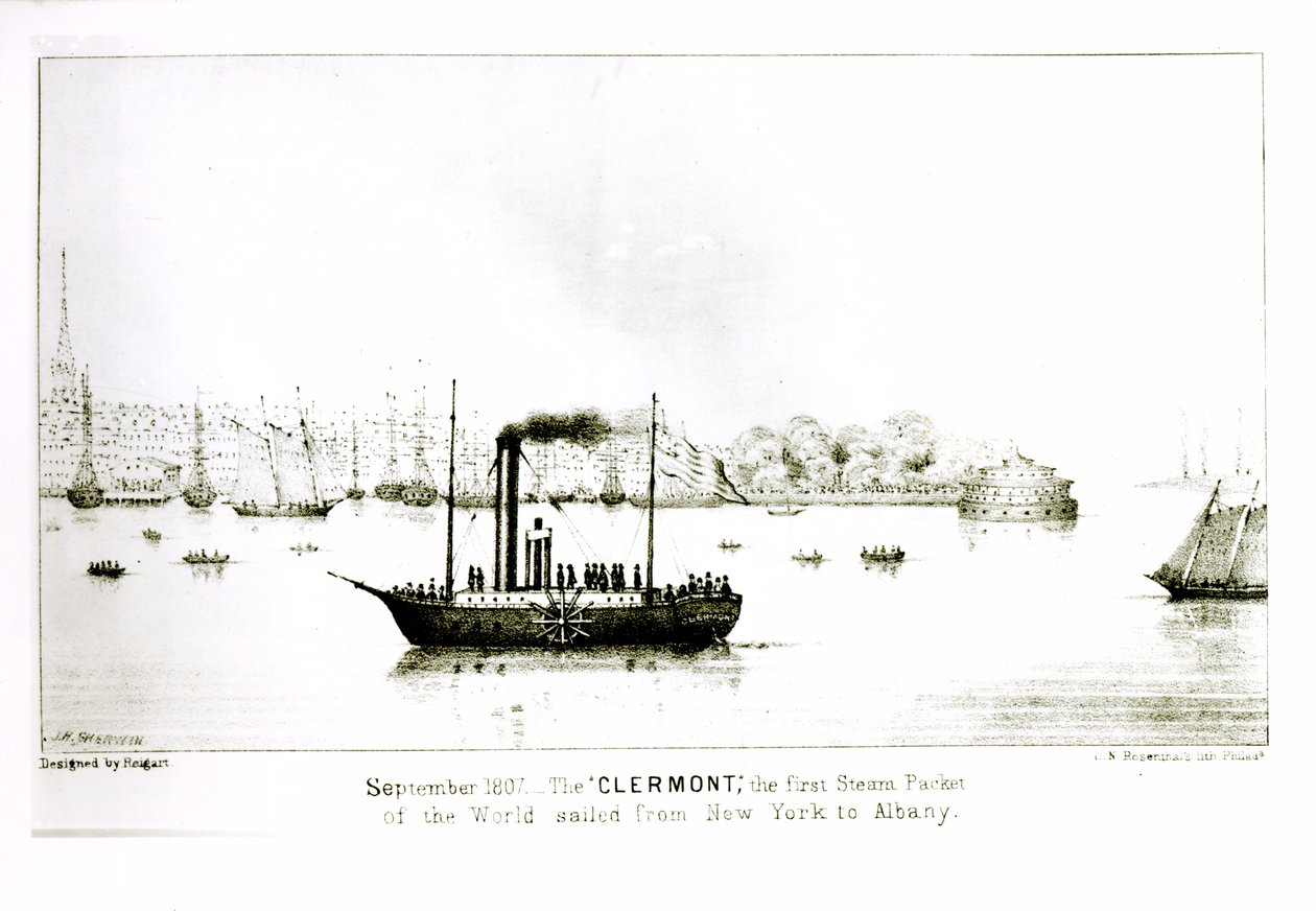 Clermont, první parní parník plující z New Yorku do Albany v září 1807, vyryl L.N. Rosenthal (litografie) od J.H. Sherwin