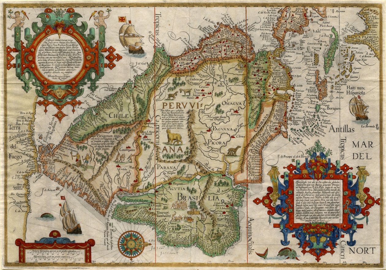 Delineatio omnium orarum totius Australis parties Americae..., asi 1596 (ručně kolorovaná mědirytina) od J.H. & van Langren A.F. (1571-1644) Linschoten