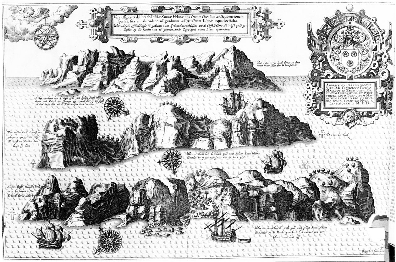 Ostrov Svaté Heleny, ilustrace z Linschoten Itinerario, 1596 od J.H. van Linschoten