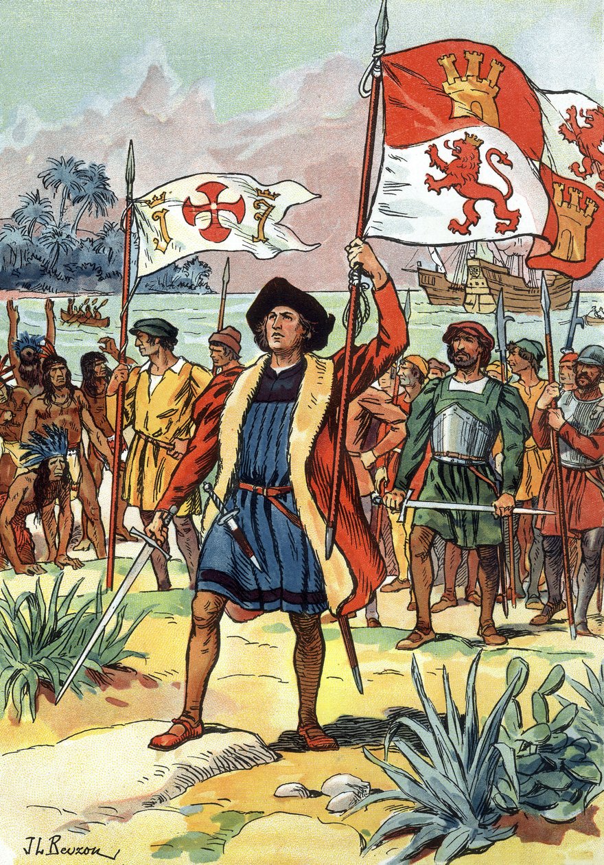 1492: Kryštof Kolumbus přijíždí do Ameriky se španělskou vlajkou od J.L Beuzon (fl.1880 1940)