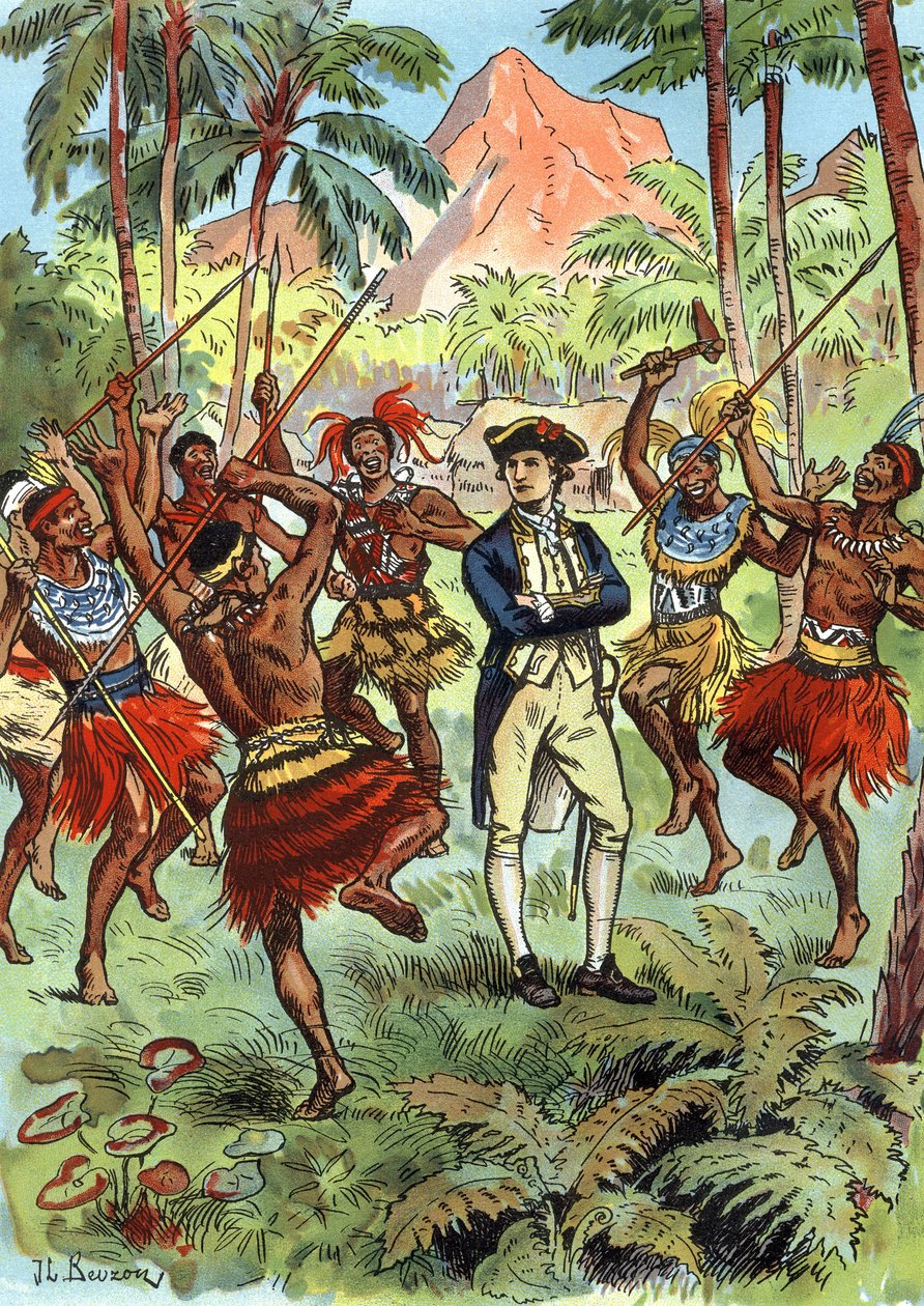 James Cook (1728-1779) ja paikalliset Havaijilla od J.L Beuzon (fl.1880 1940)